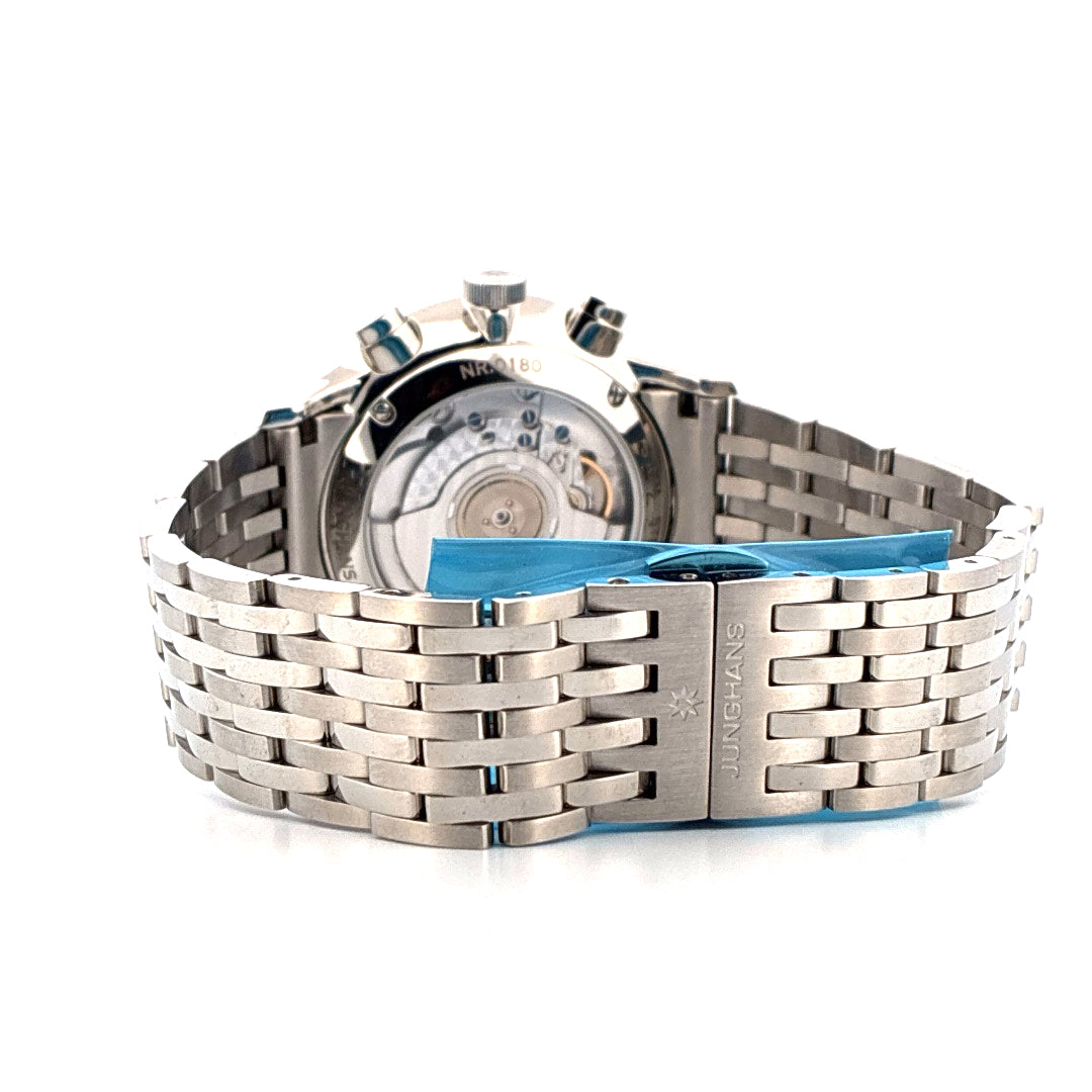 Junghans Meister Telemeter Rückansicht mit Stahlarmband und Sichtboden