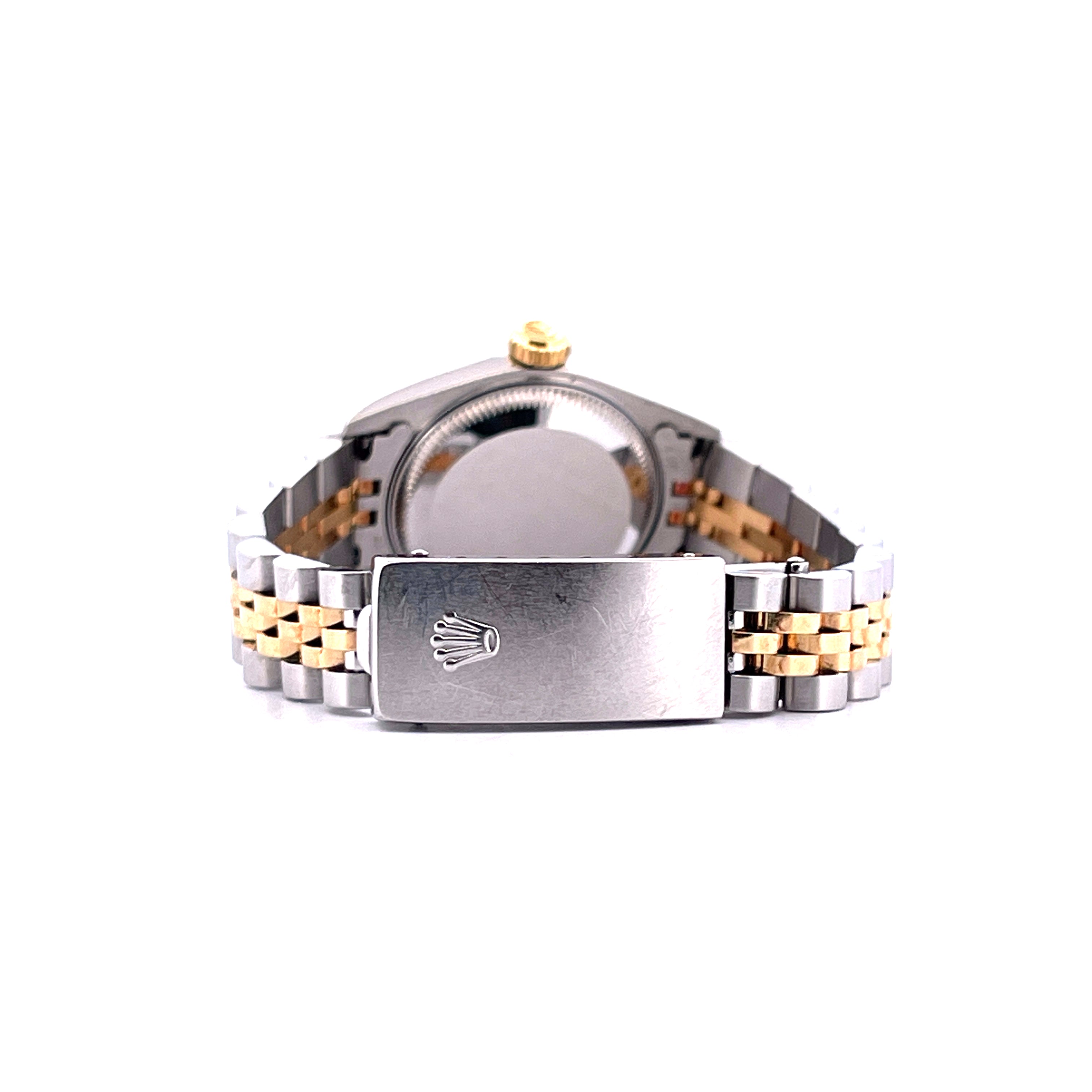 Rolex Lady-Datejust Bicolor Uhr, Seitenansicht des Gehaeuses und des Clous mit Rolex-Logo