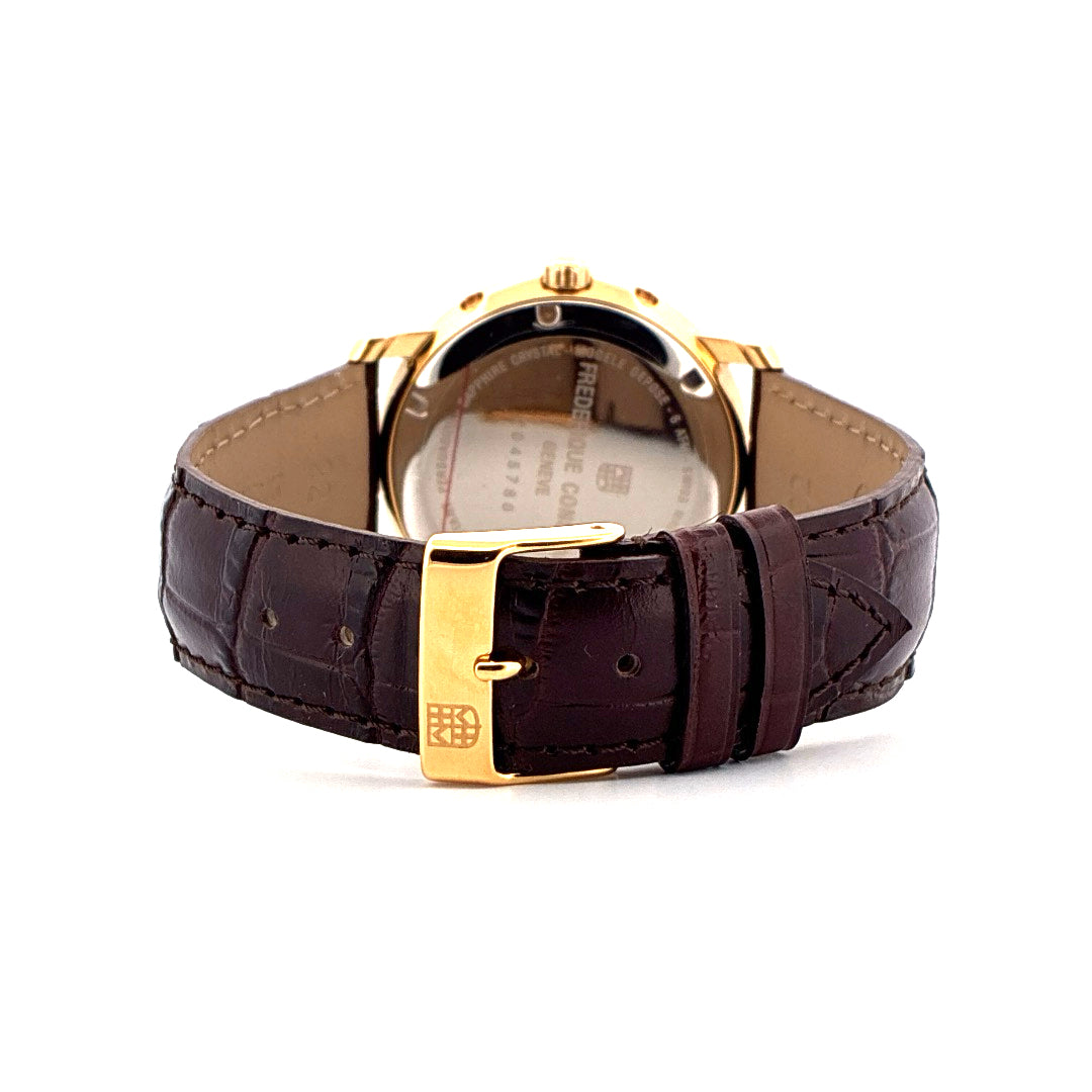 Rückansicht einer gelbgoldplattierten Frederique Constant Business Timer Uhr mit braunem Lederarmband