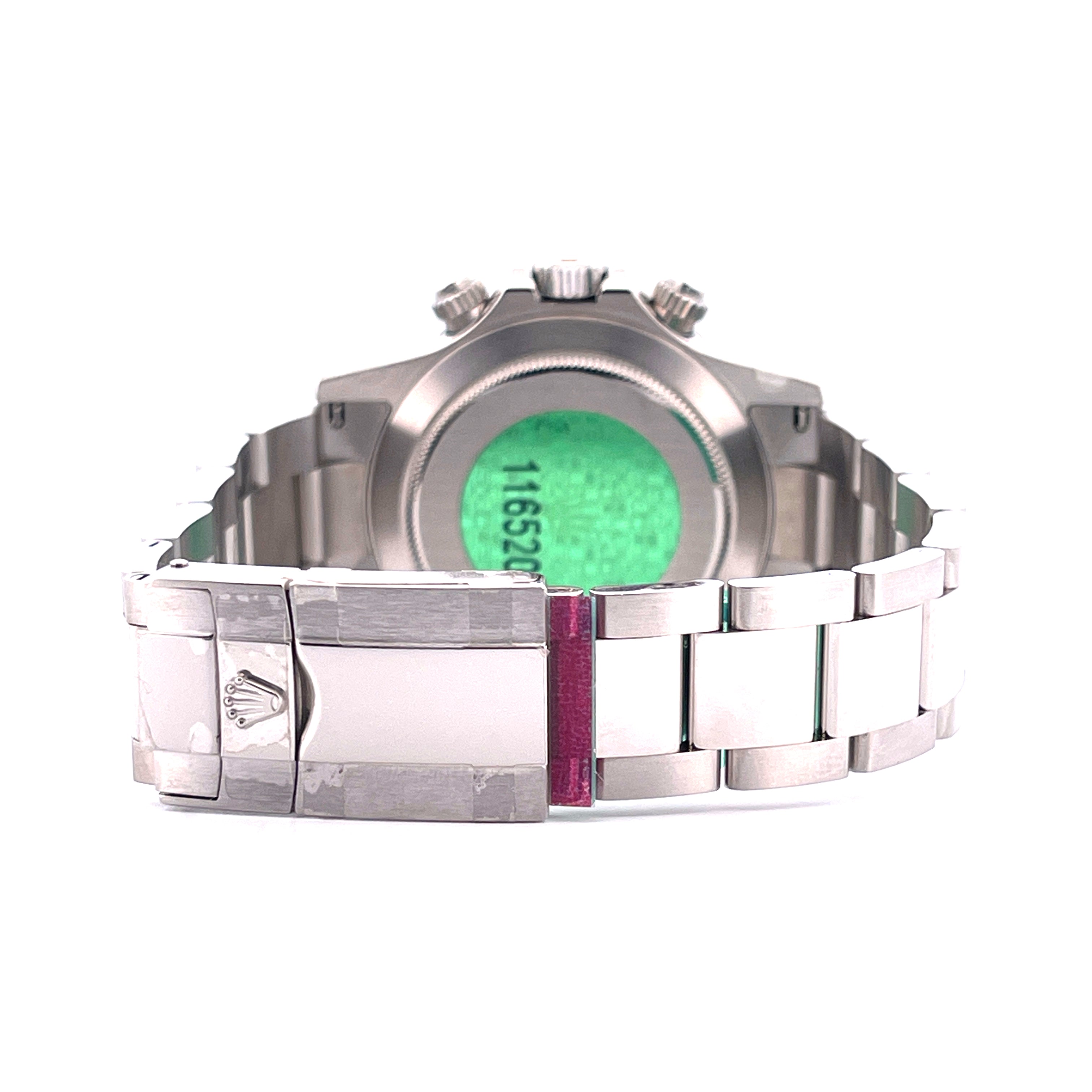 Rolex Daytona 116520 von hinten, Edelstahlarmband und Schließe, grüner Sticker auf der Rückseite