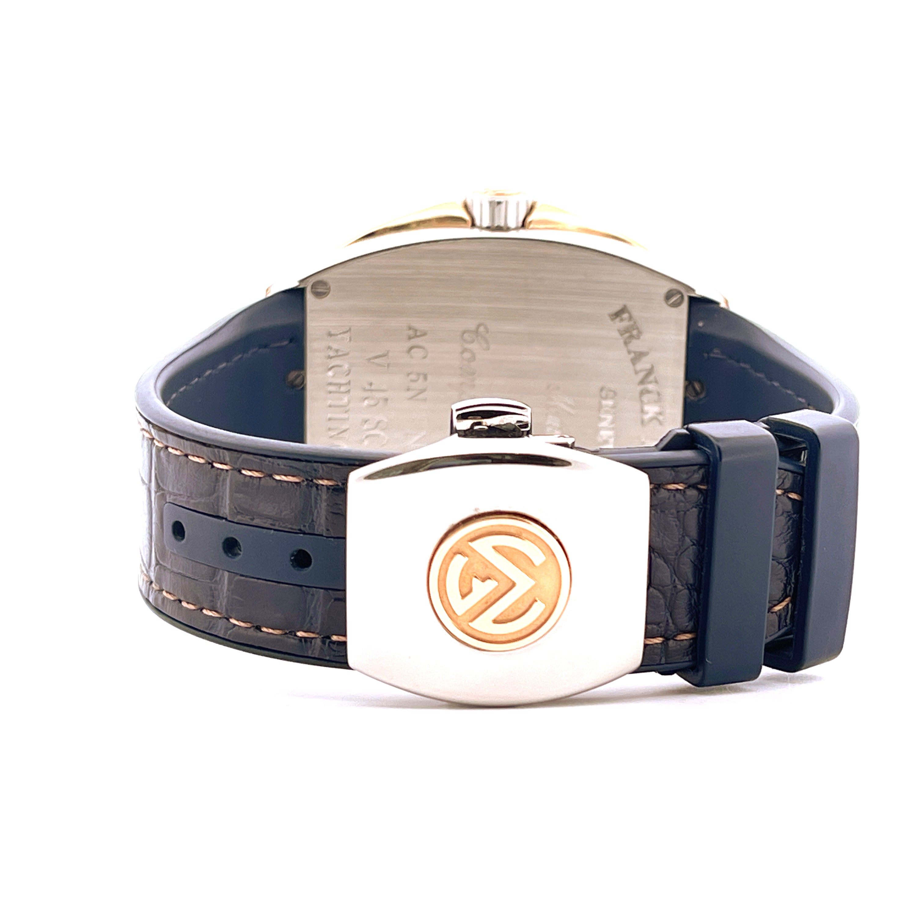 Rückansicht einer Franck Muller Vanguard Uhr mit blauem Kroko-Lederarmband und goldener Schließe