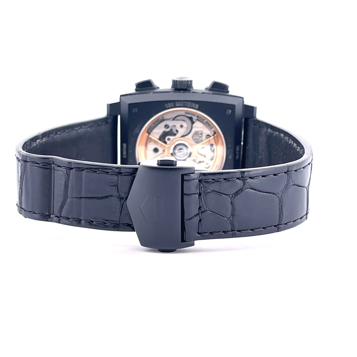 Tag Heuer Monaco "Dark Lord" Titan / Service 2026 / very good Condition / 20cm wrist size, Rückansicht mit Gehäuseboden, Armband und Schließe vor weißem Hintergrund