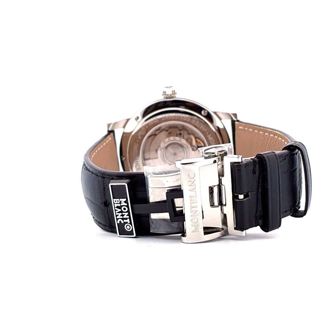 Montblanc Star Roman Quantième Complet "Carpe Diem" schwarzes Lederarmband mit silberner Faltschließe Rückansicht
