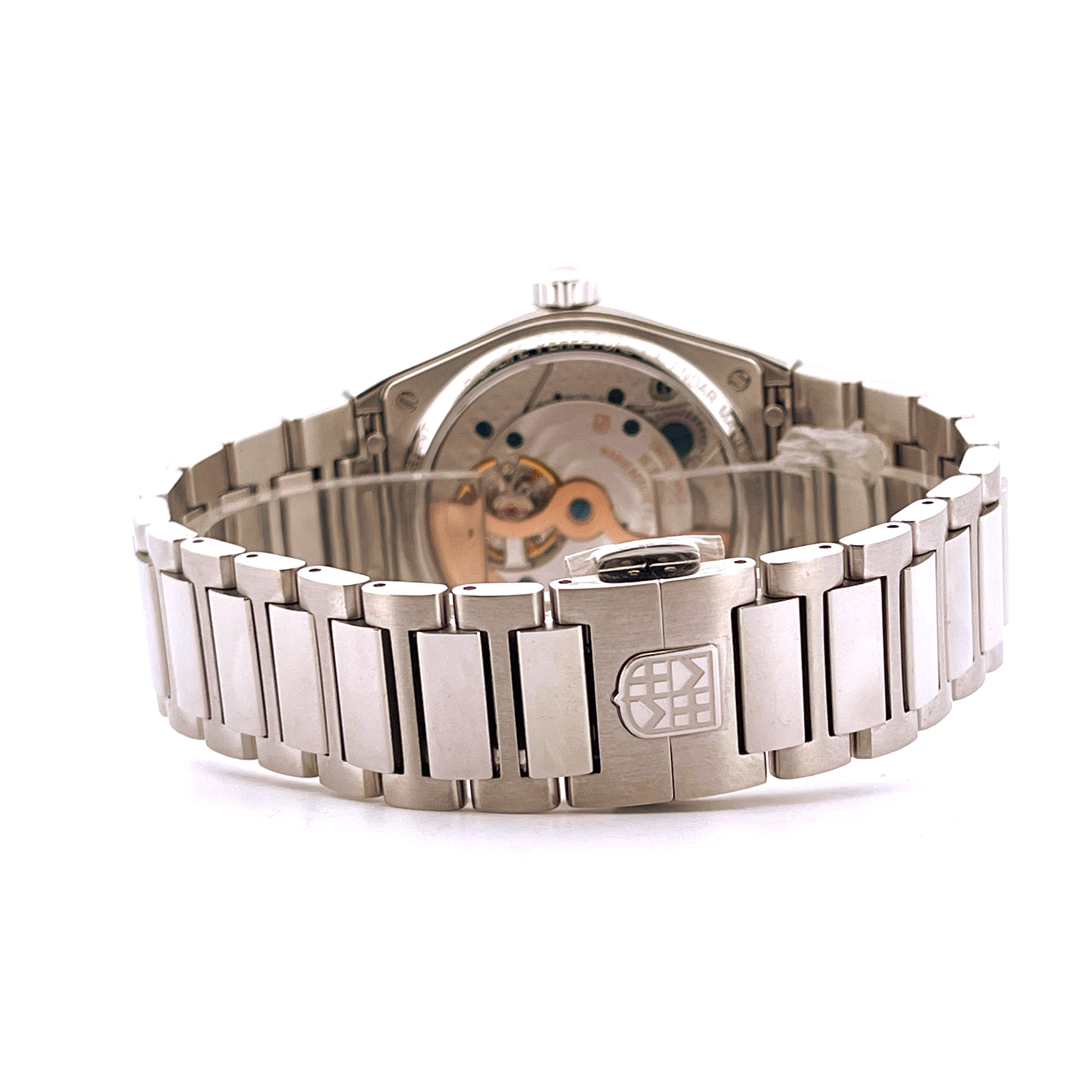 Rückansicht des Frederique Constant Highlife Perpetual Calendar Manufacture Automatique aus Edelstahl mit Sichtboden und p…