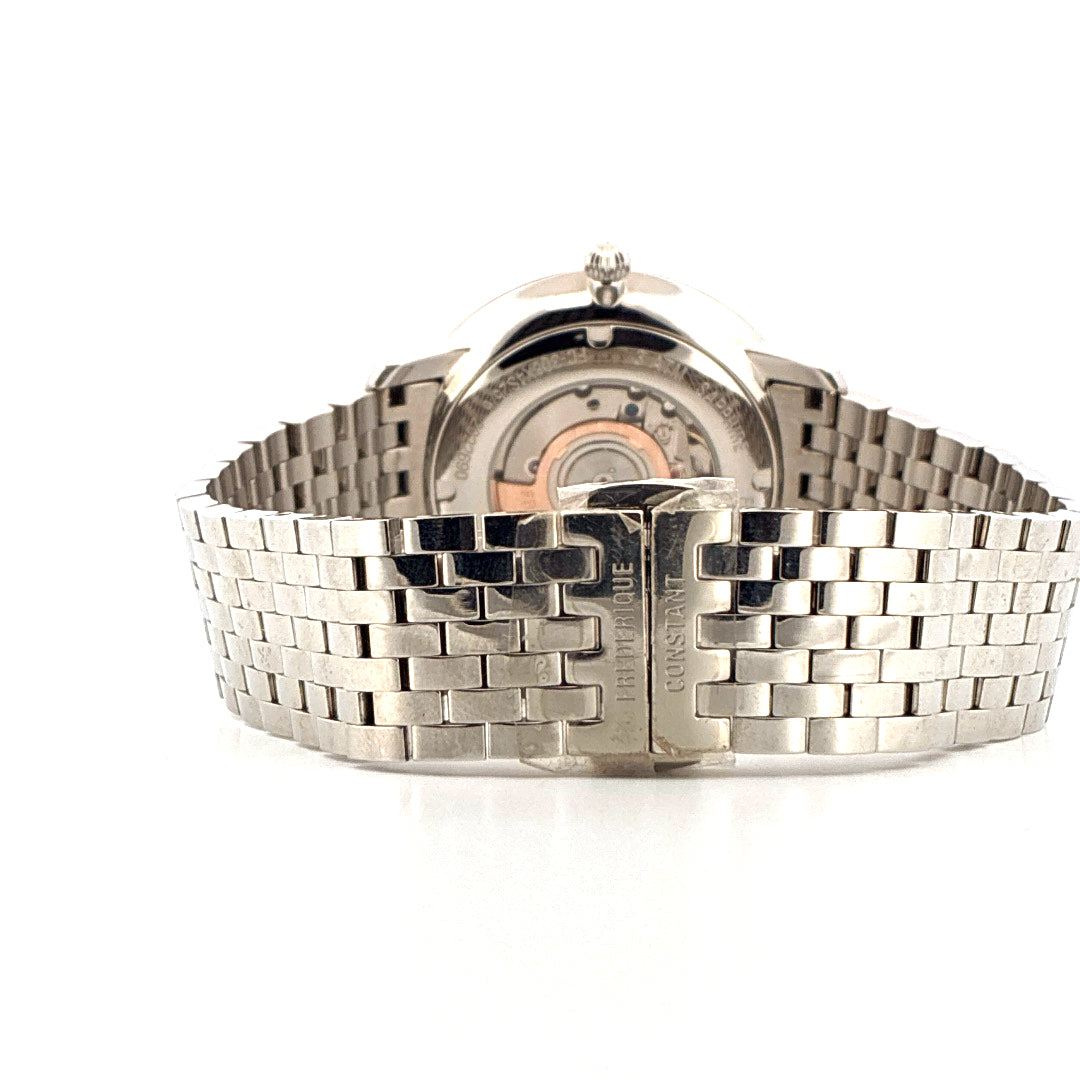 Frederique Constant Slim Line Automatik aus Edelstahl mit sichtbarem Werk und gefalteter Schließe