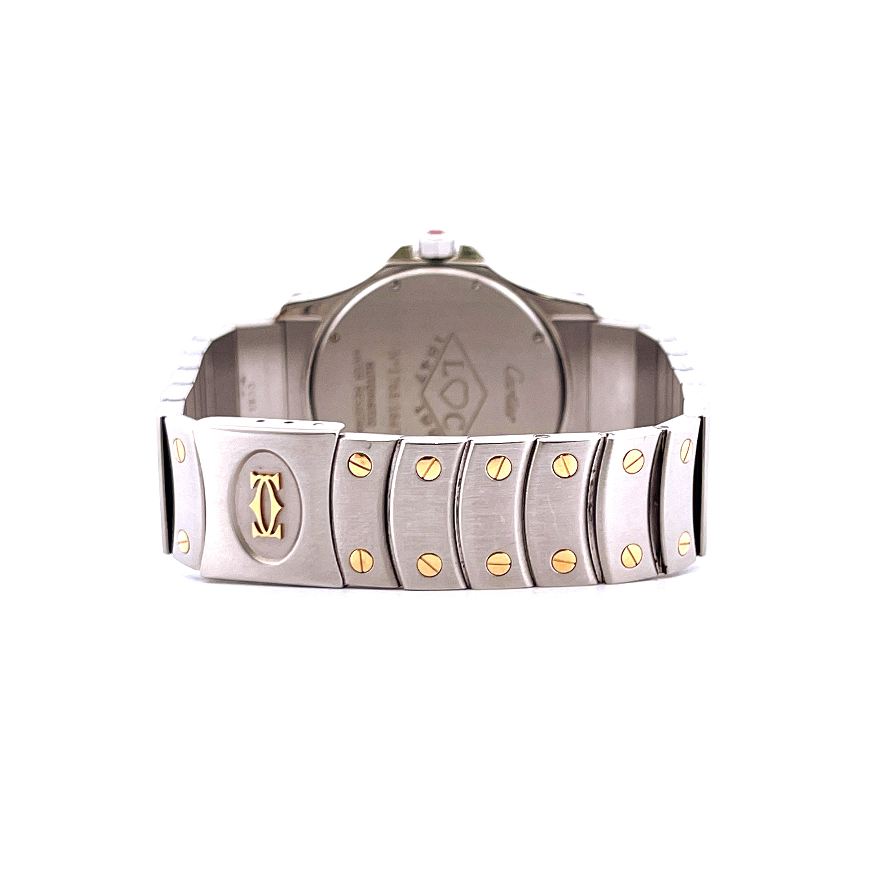 Rückansicht einer Cartier Santos Ronde 150th Automatic (1997) aus Stahl und Gold mit sichtbarem Cartier-Logo