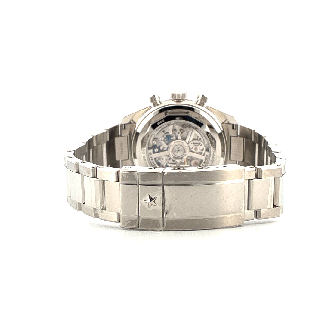 Rückseite einer Zenith Chronomaster Original Triple Calendar mit Sichtboden und Edelstahlarmband