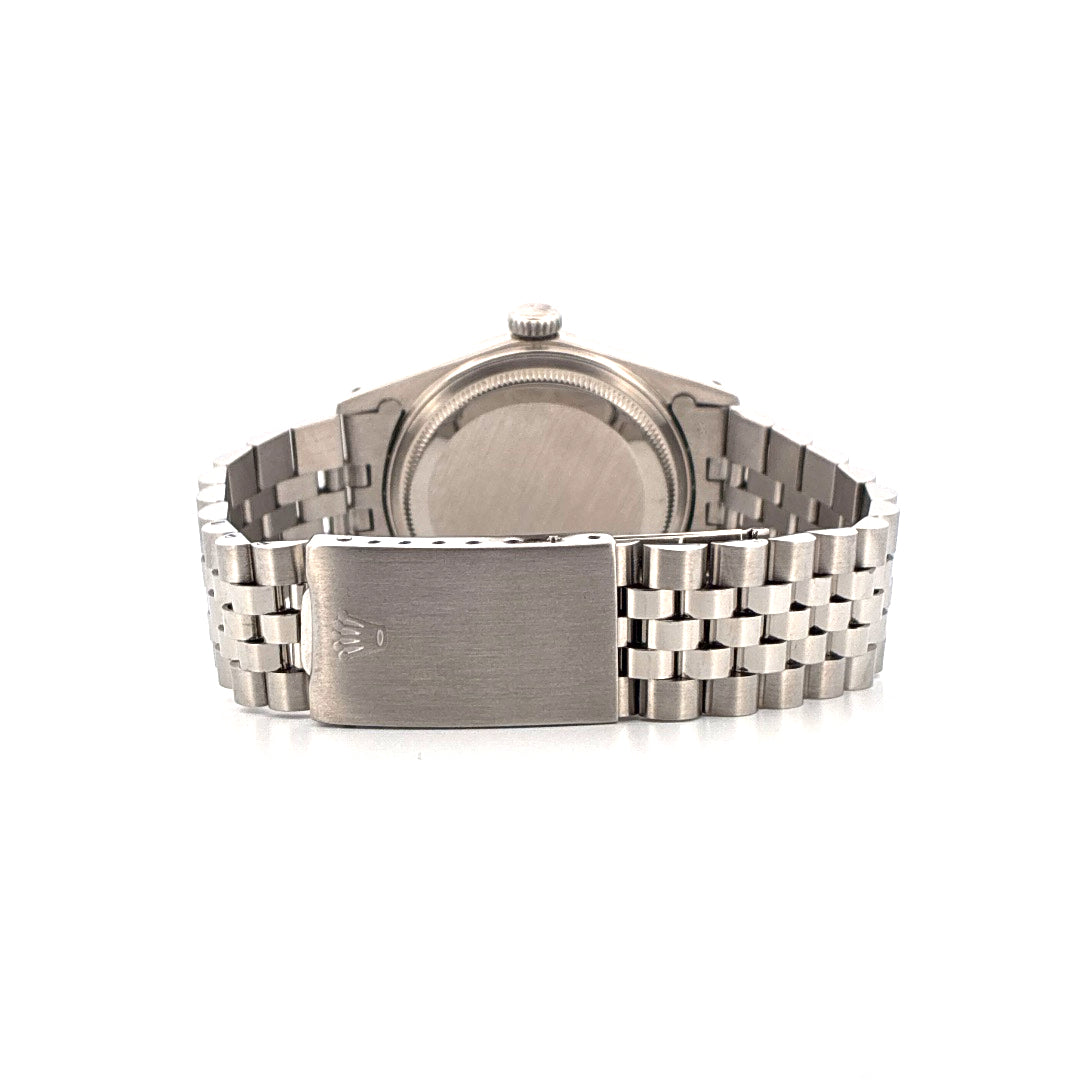 Rückansicht einer gebrauchten Rolex Datejust 36mm aus Stahl mit Jubilé-Armband und Schließe