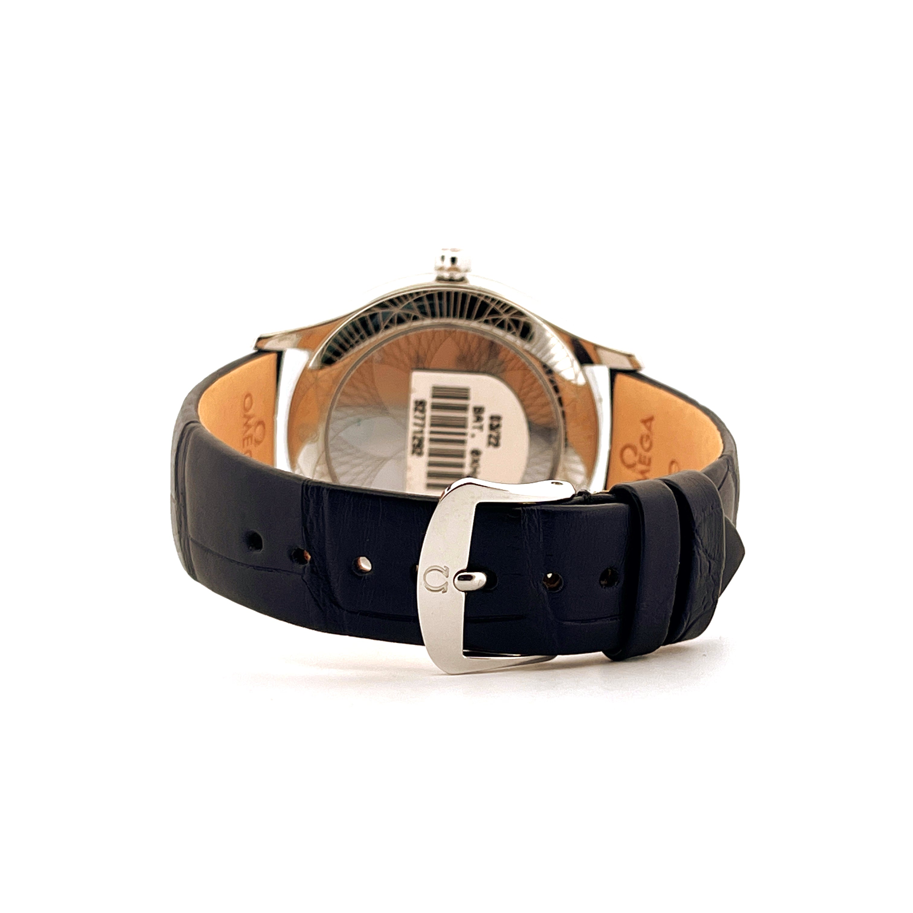 Omega De Ville 39mm Rückseite mit schwarzem Lederarmband und silberner Omega-Schließe