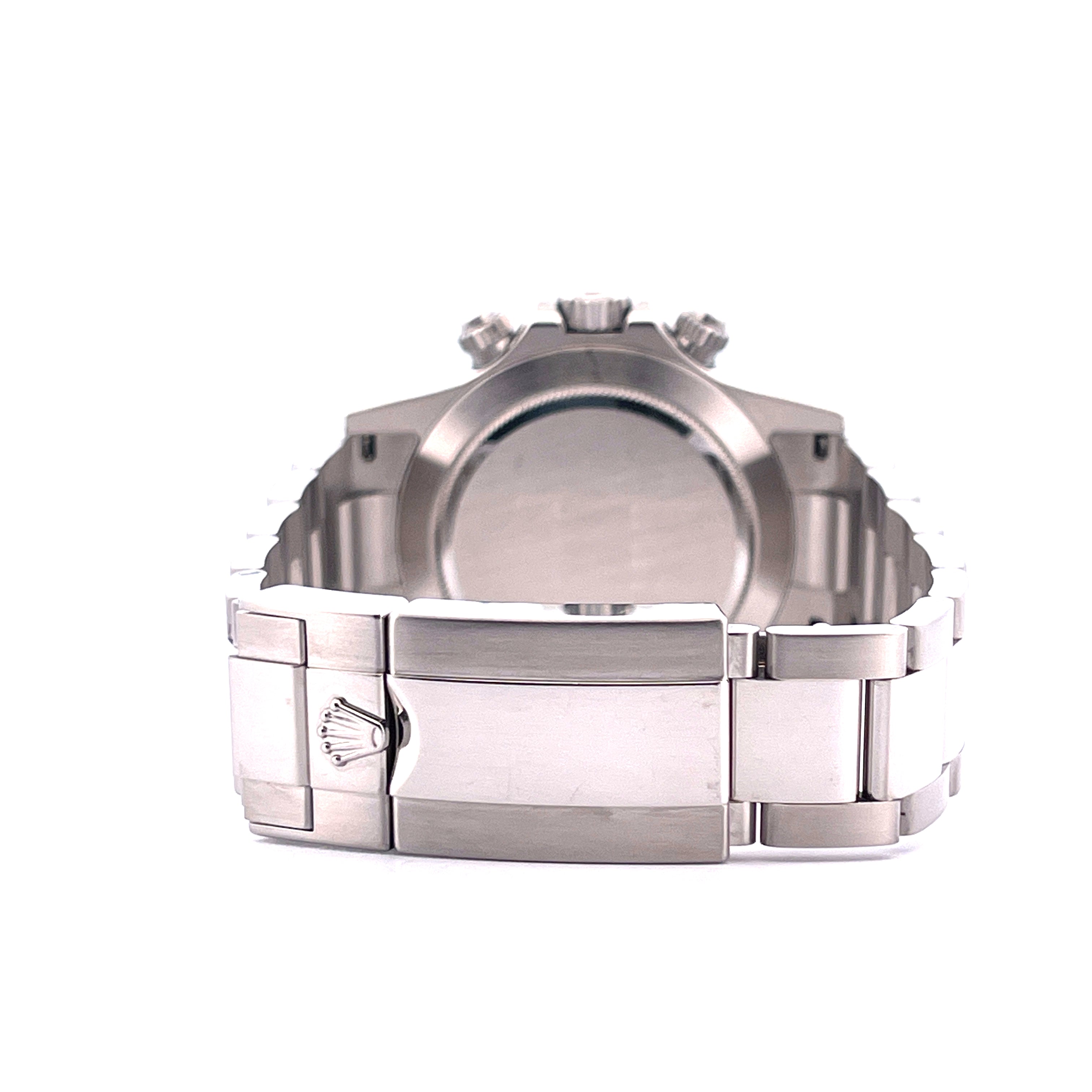 Rückansicht eines Rolex Daytona 116520 Edelstahlgehäuses und Armband mit Schließe