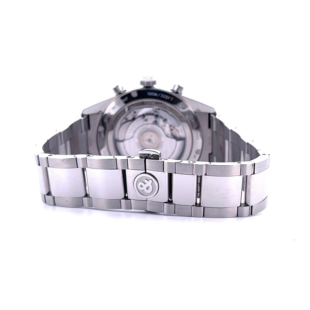 Bell & Ross Chrono Vintage Stahl, Automatik mit Sichtboden und Metallarmband, Rückansicht