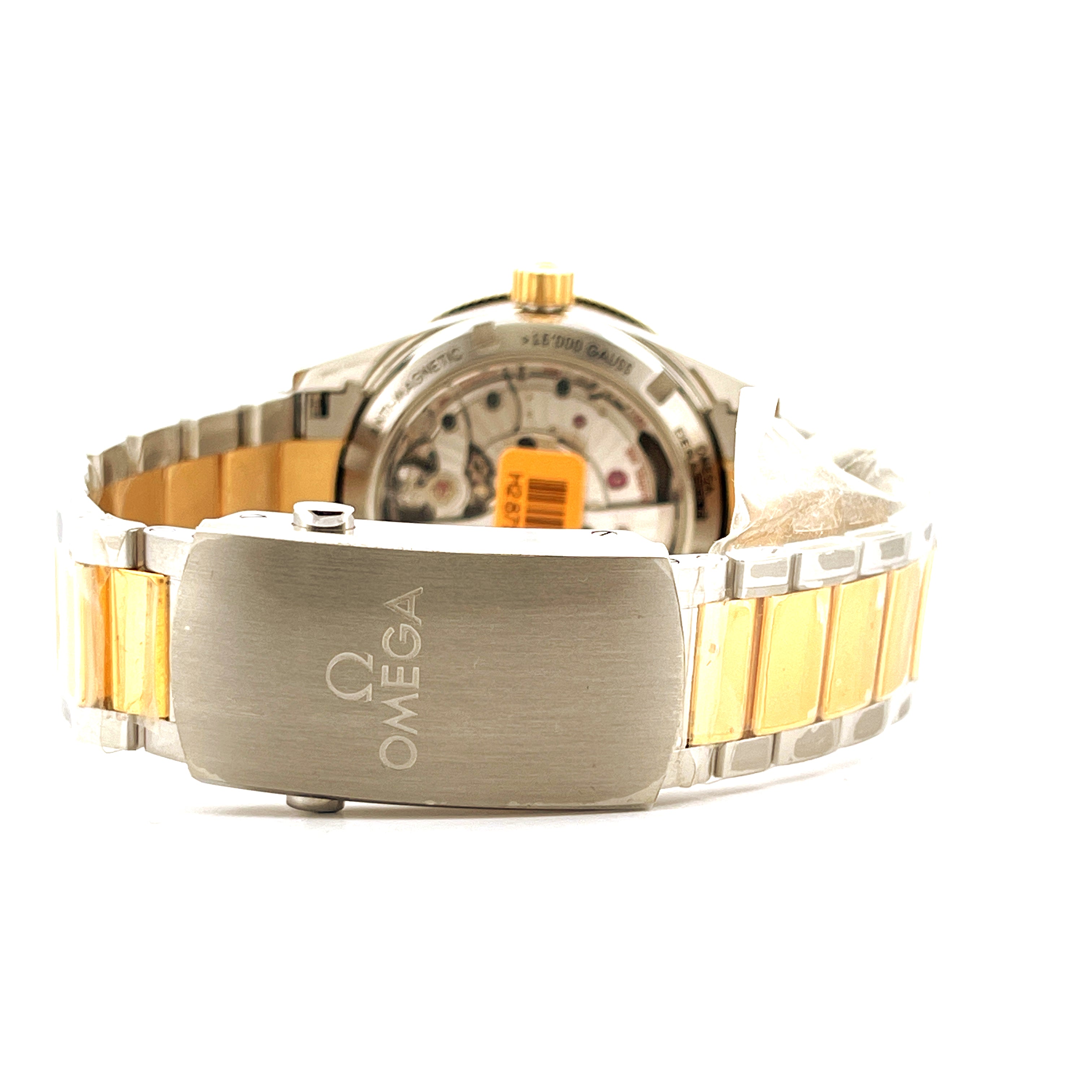 Rückseite einer Omega Seamaster 300 Co-axial Bicolor Uhr mit bicolor Armband und Sichtboden