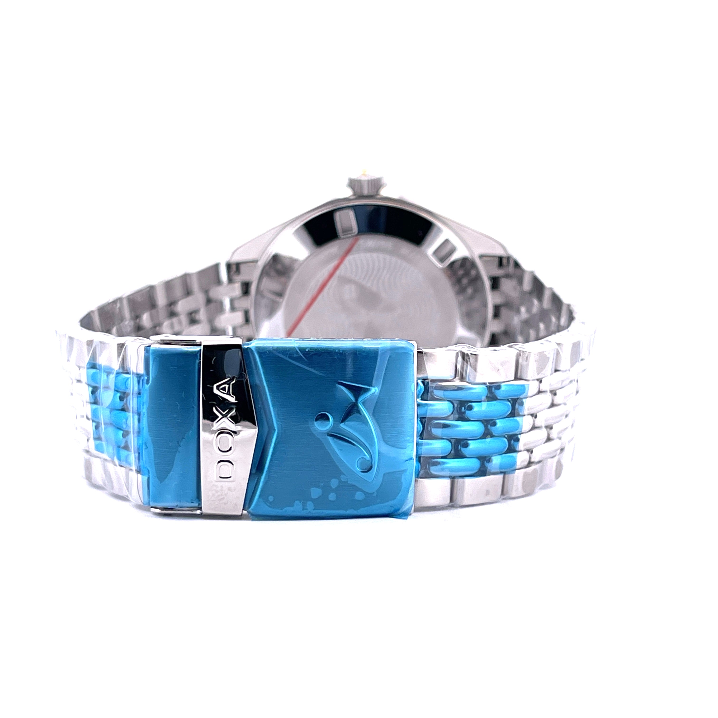 Doxa Sub 200 Divingstar Yellow Armband mit blauer Schutzfolie auf Schließe und Edelstahlband