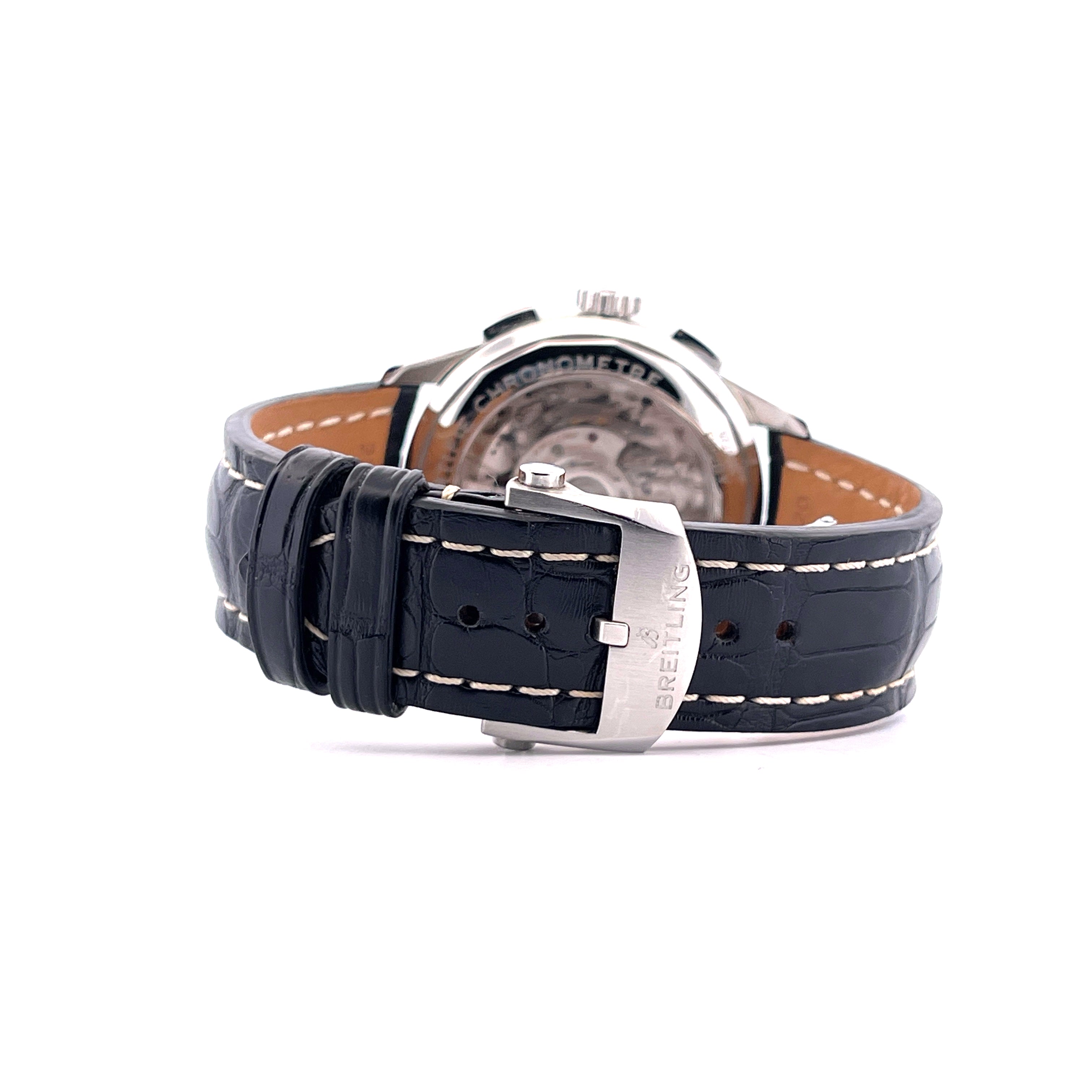 Breitling Premier B01 Chronograph 42 Panda aus Stahl mit schwarzem Krokolederband und Schließe