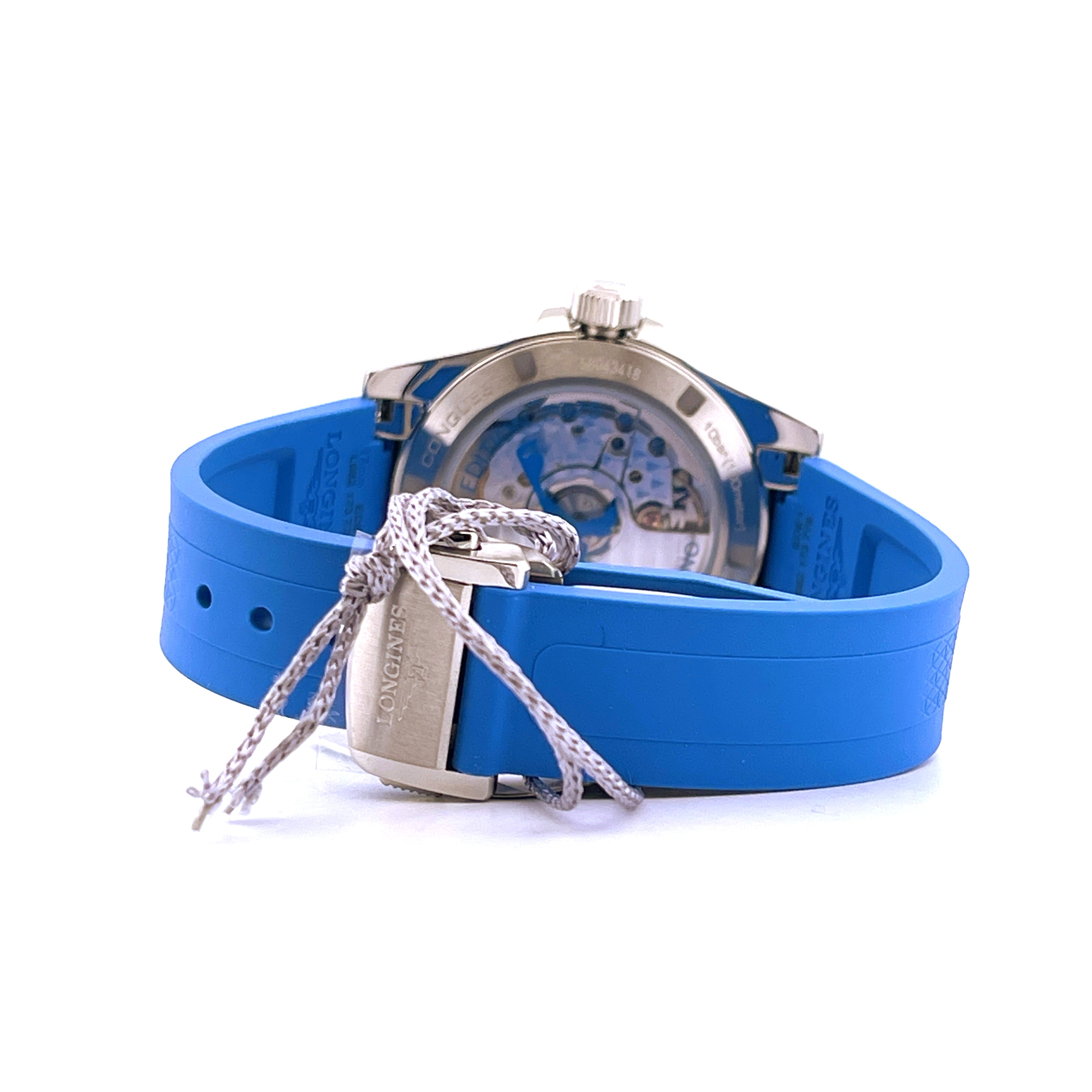 Longines Conquest Lady Rubber SYLT EDITION mit Edelstahlgehäuse und blauem Kautschukarmband mit Sichtboden