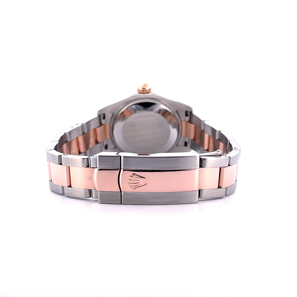 Rolex Datejust 31 Two Tone Mother of Pearl / Box incl. / LC100 / 2006, Rückansicht mit Gehäuseboden, Schließe und Armband vor weißem Hintergrund
