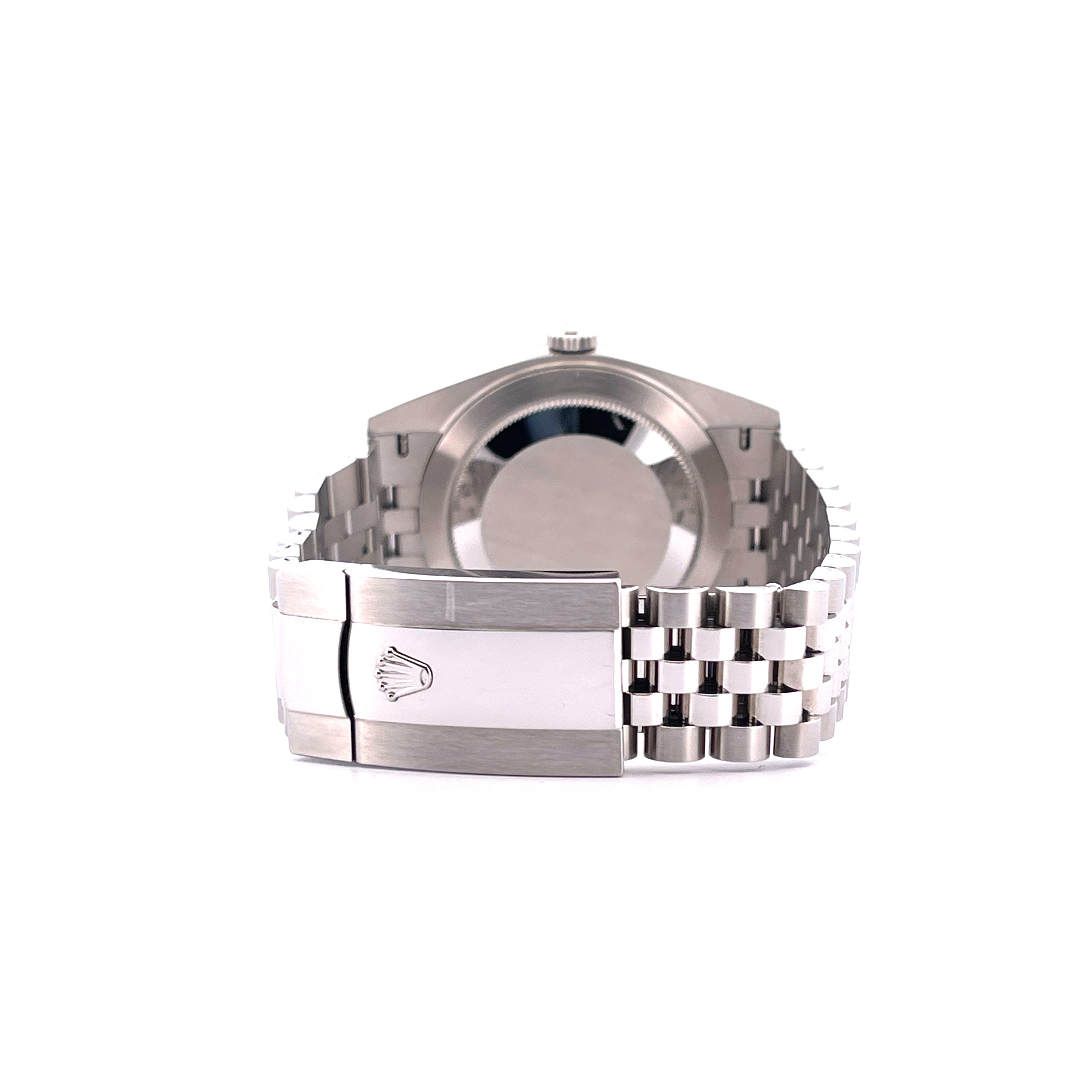 Rückansicht einer Rolex Datejust 41 aus Stahl mit Jubilee-Armband und charakteristischer Schließe