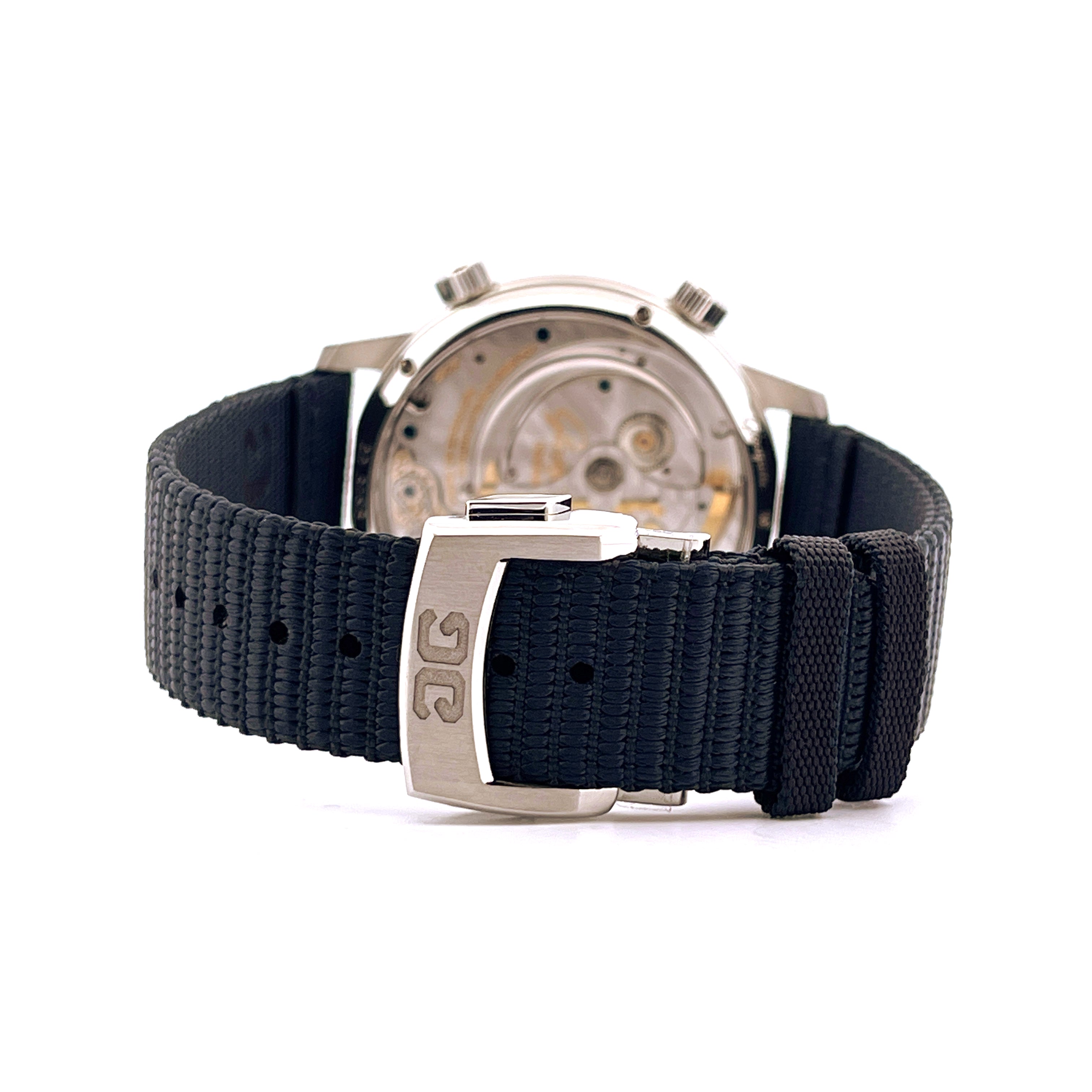 Glashütte Original Senator Cosmopolite 44mm Rückansicht mit schwarzem Band und Schließe