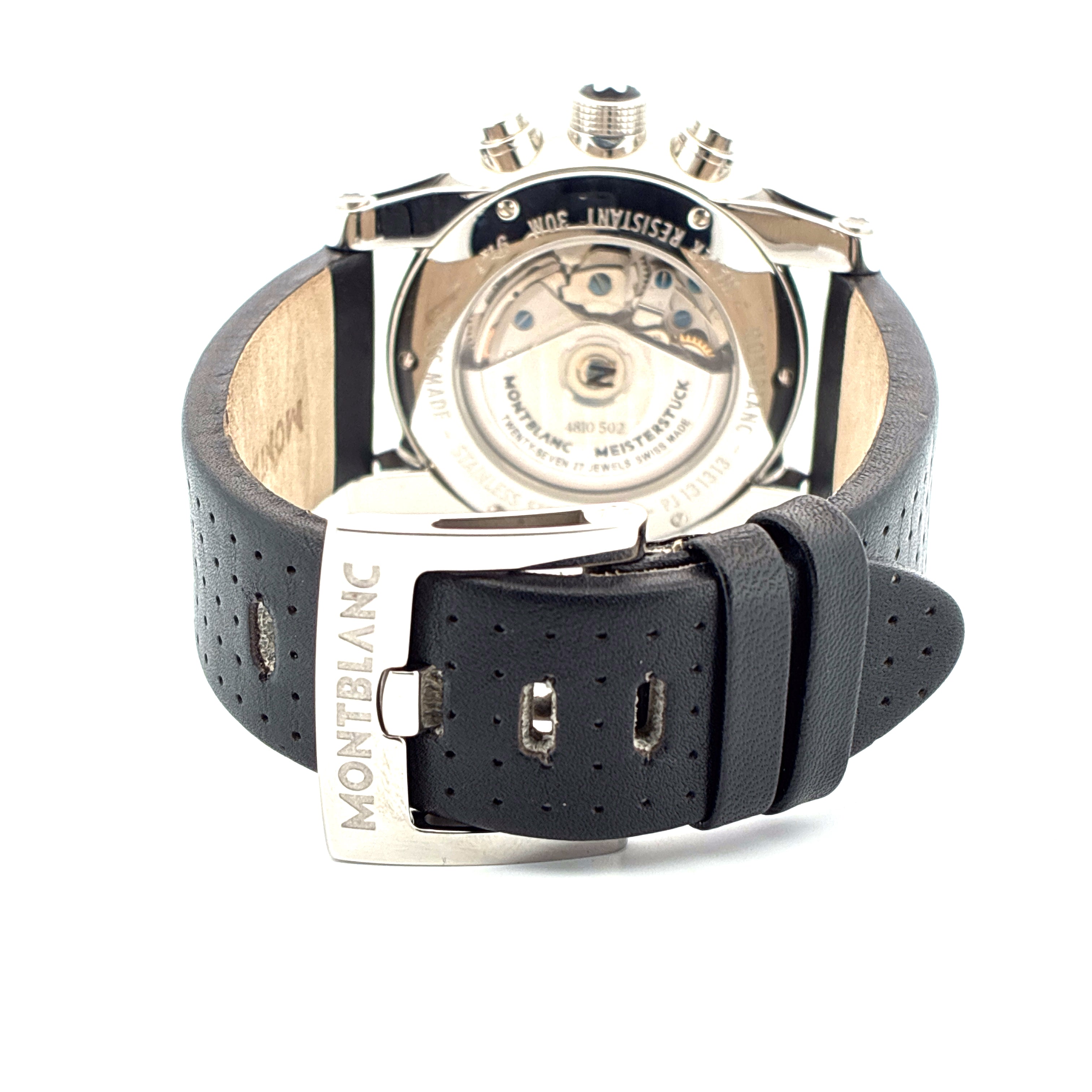Rückansicht einer Montblanc Timewalker Chronograph Automatik Uhr aus Edelstahl mit schwarzem Lochlederarmband und Dornschl…