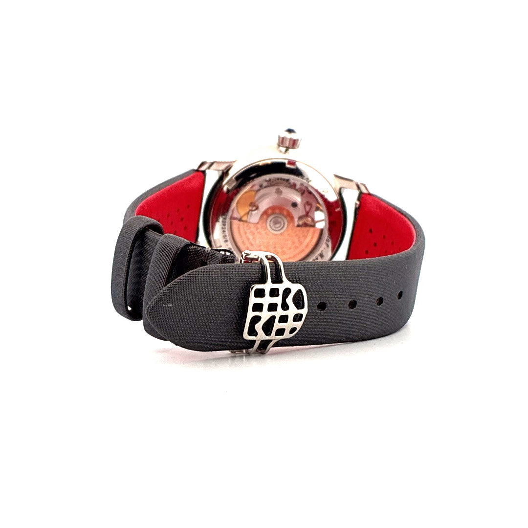 Frederique Constant Ladies Automatic World Heart Federation 34mm Rückansicht mit grauem Armband und roter Innenseite