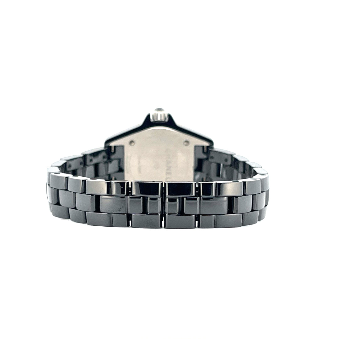 Chanel J12 29mm schwarze Keramikuhr von hinten mit Gliederarmband