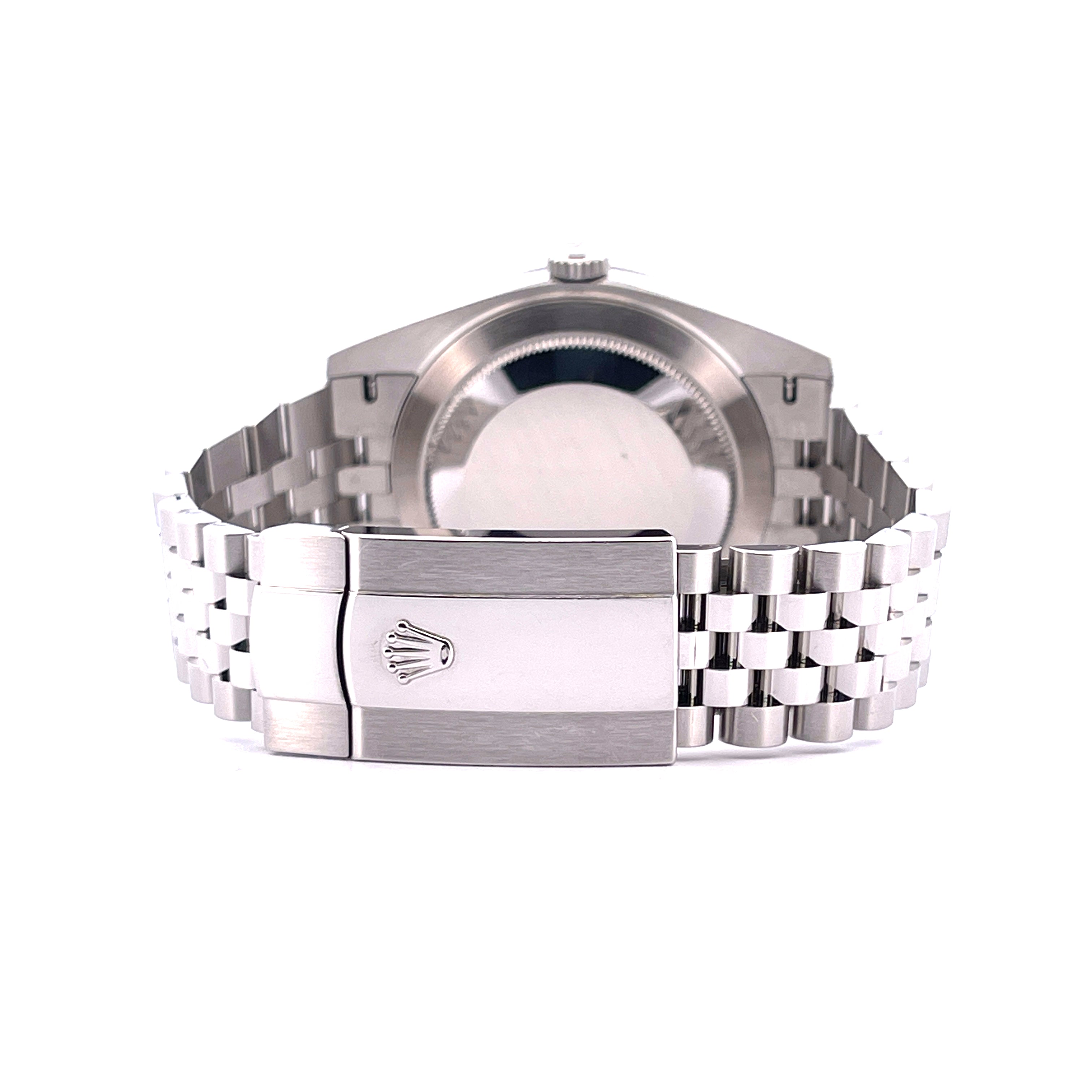 Rückansicht einer Rolex Datejust 41 aus Stahl mit Jubilee-Armband und charakteristischer Schließe