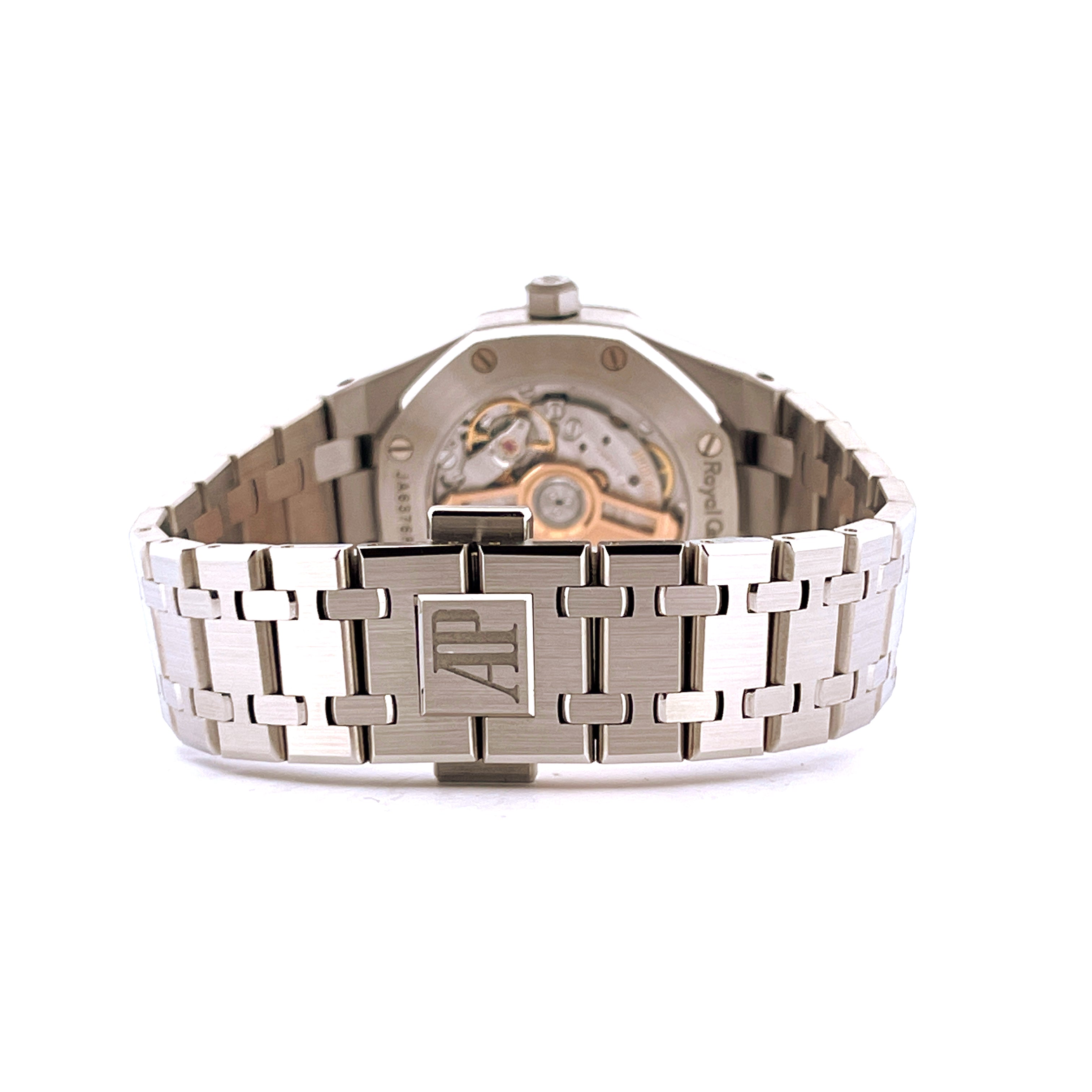 Audemars Piguet Royal Oak Rückseite mit sichtbarem Uhrwerk und Stahlband mit AP-Logo