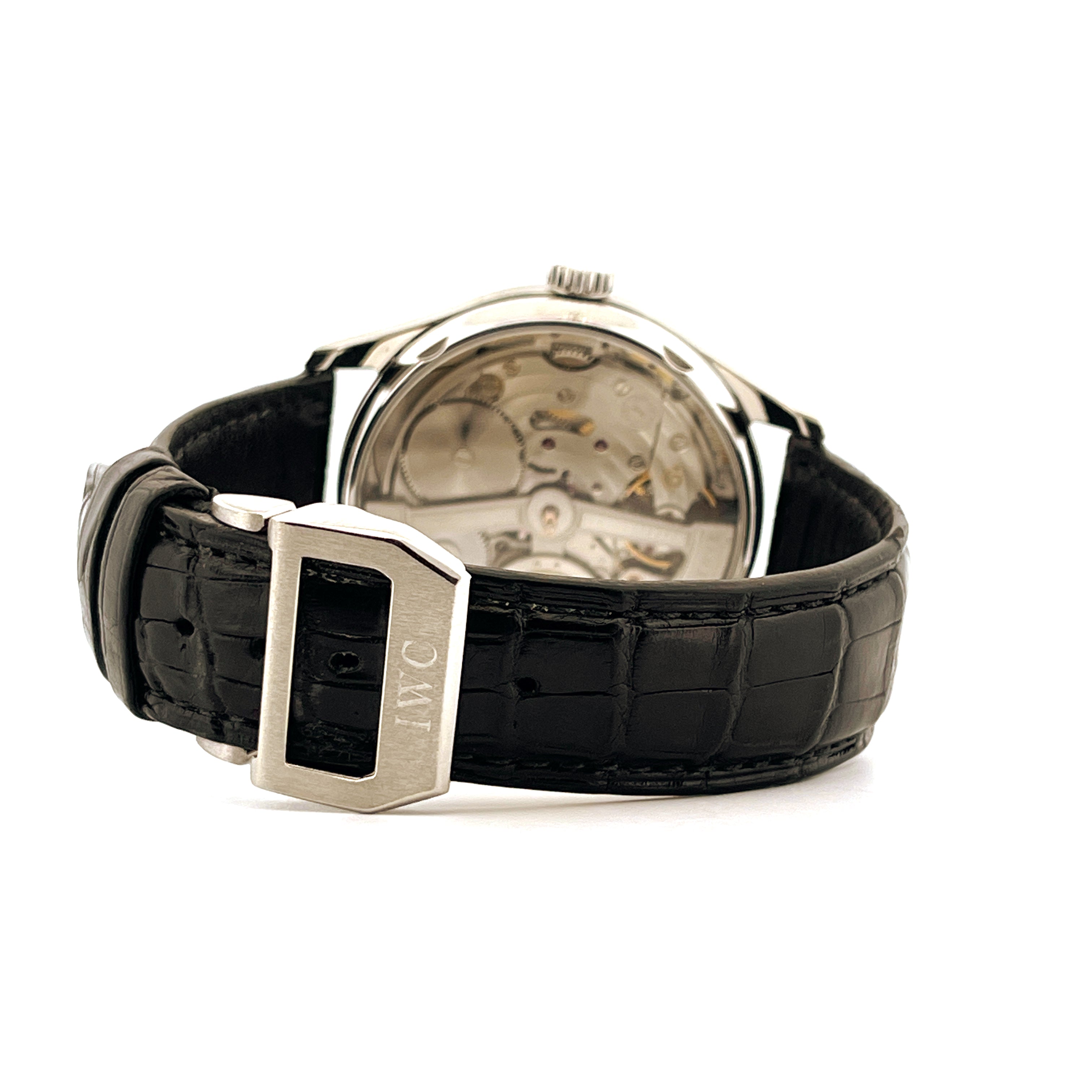 IWC Portuguese Automatic 7 Days, Rückseite mit Sichtboden und schwarzem Lederarmband mit IWC-Schließe