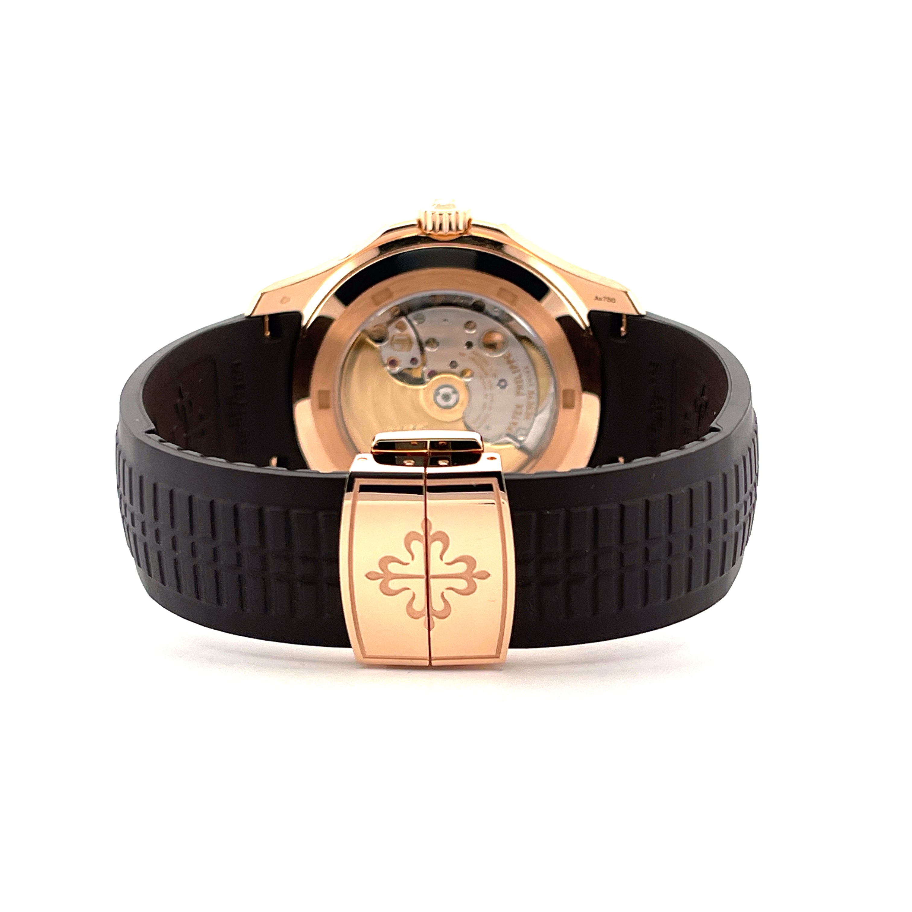 Patek Philippe Aquanaut Travel Time Roségold 5164R-001, Rückansicht mit offenem Sichtboden und schwarzem Kautschukarmband