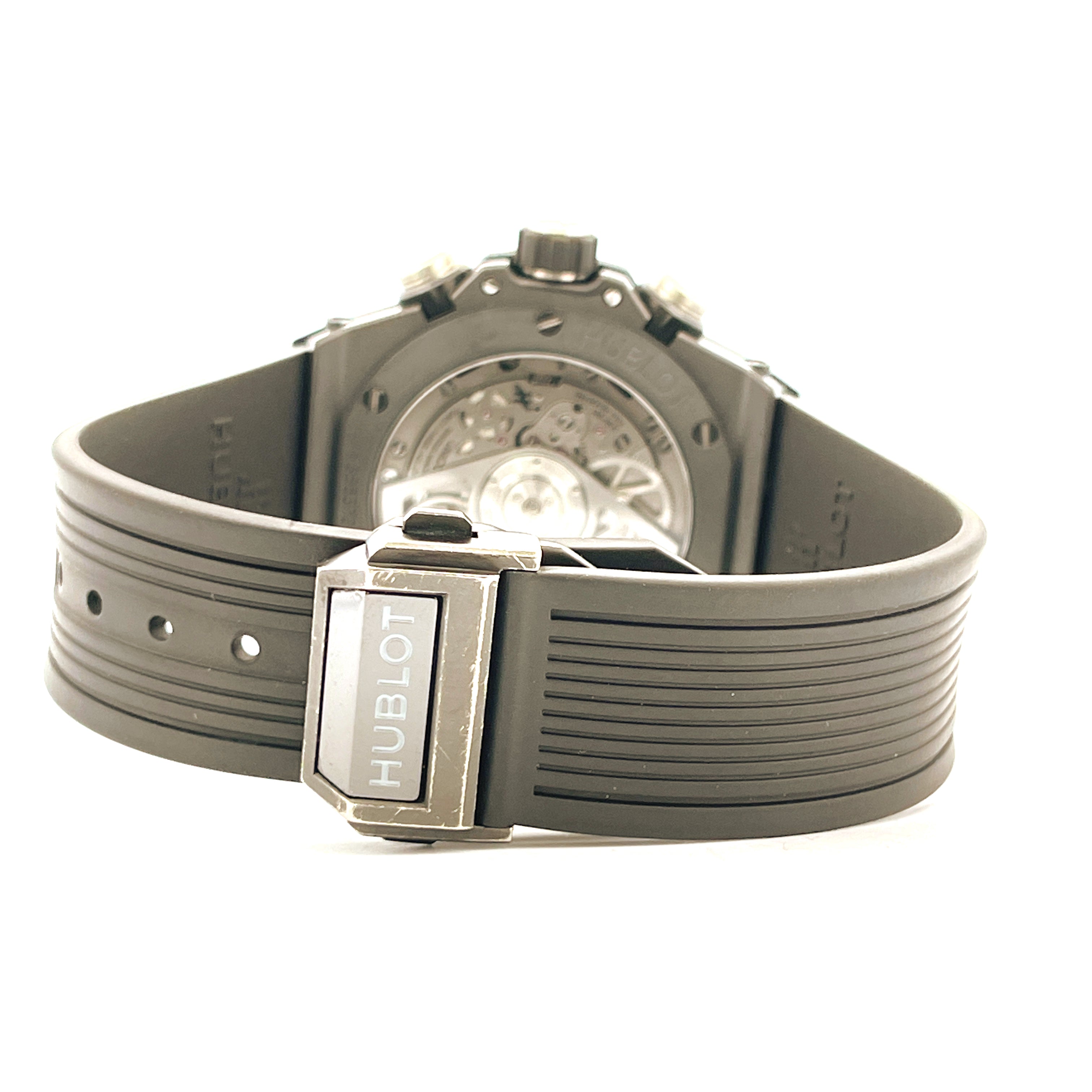 Hublot Big Bang Unico Rückseite einer Keramikuhr mit Sichtboden und Kautschukarmband
