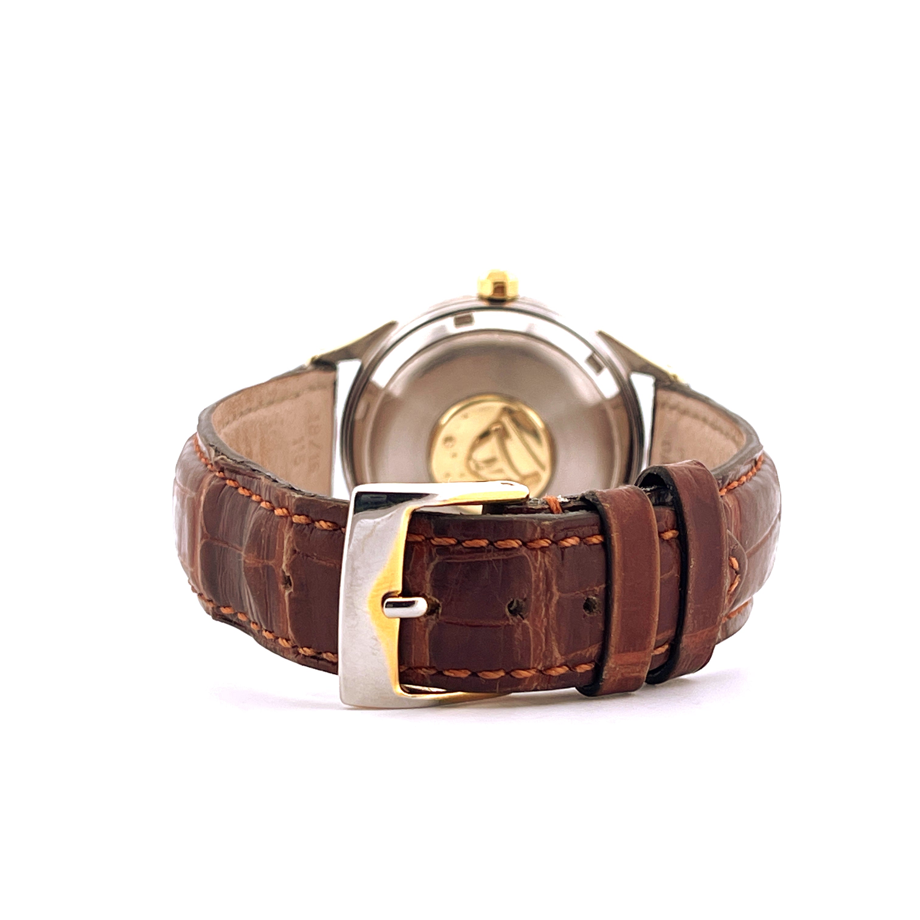 Omega Constellation Pie Pan Stahl & Gold 1952 Rückseite mit braunem Lederarmband und goldener Schließe