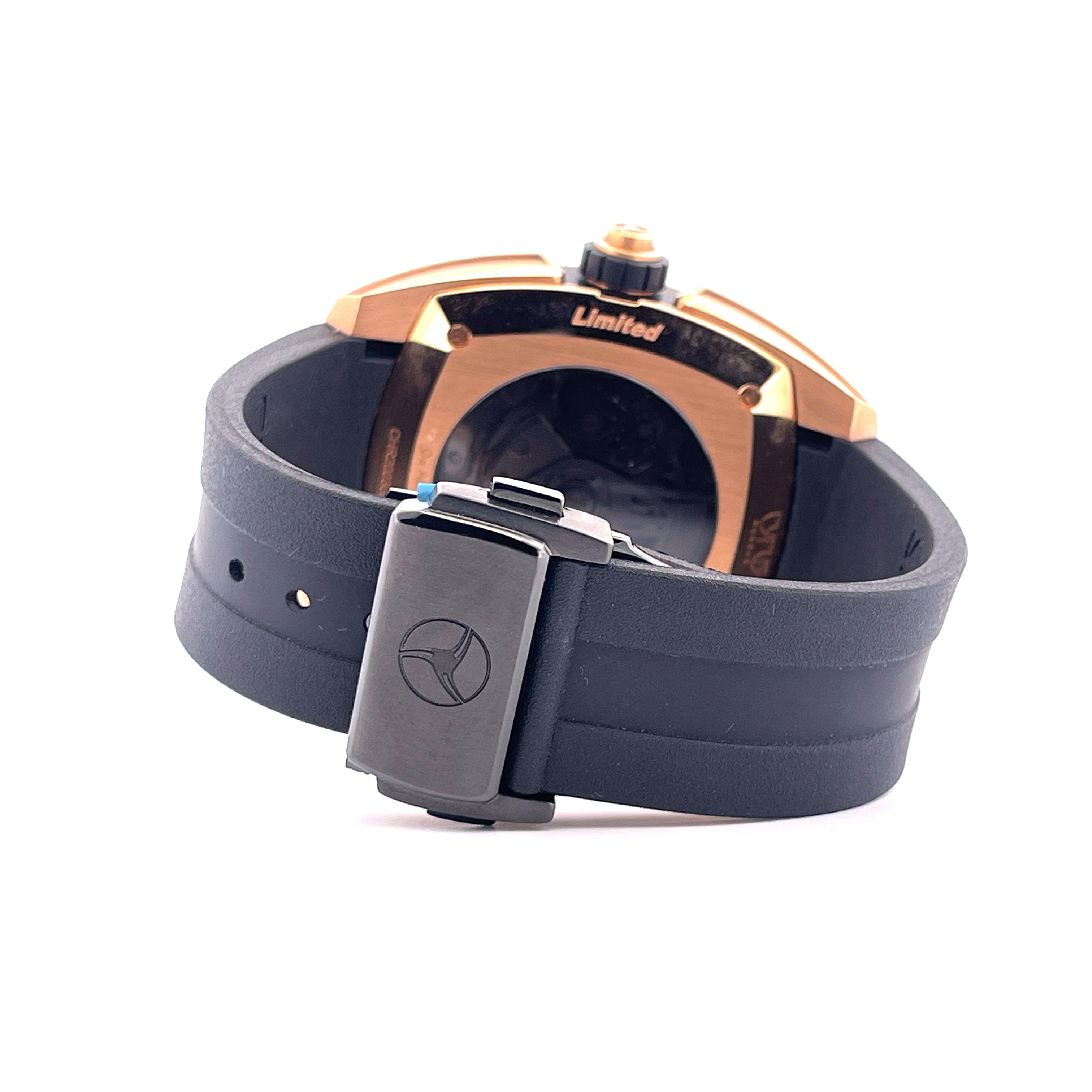 Cyrus Klepcys Chronograph Gold Limited Edition, Ansicht des Gehäuses und der Schließe mit Kautschukarmband