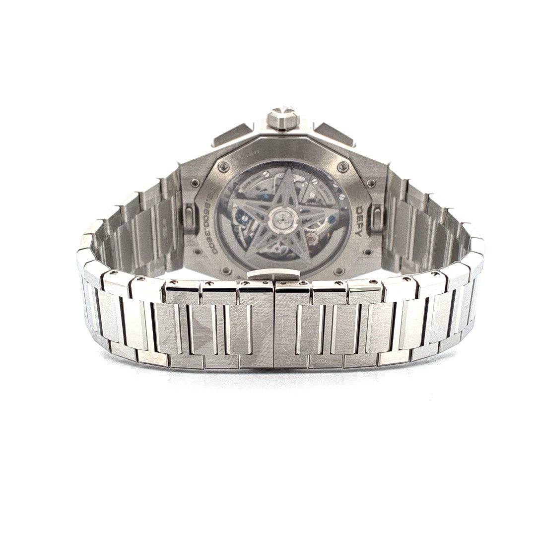 Zenith Defy Skyline Chronograph Automatik Uhr Rückseite mit sternförmigem Rotor und Edelstahlarmband