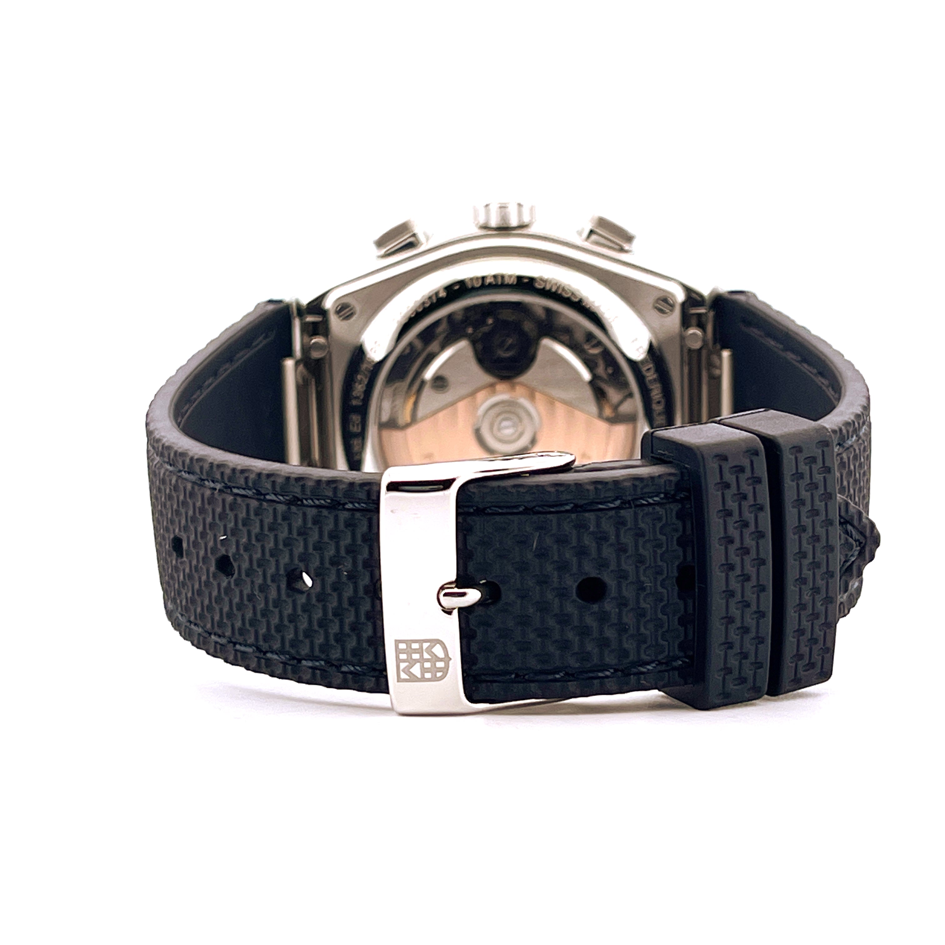 Frederique Constant Highlife Chronograph Rückansicht mit schwarzem Armband und Edelstahlschließe