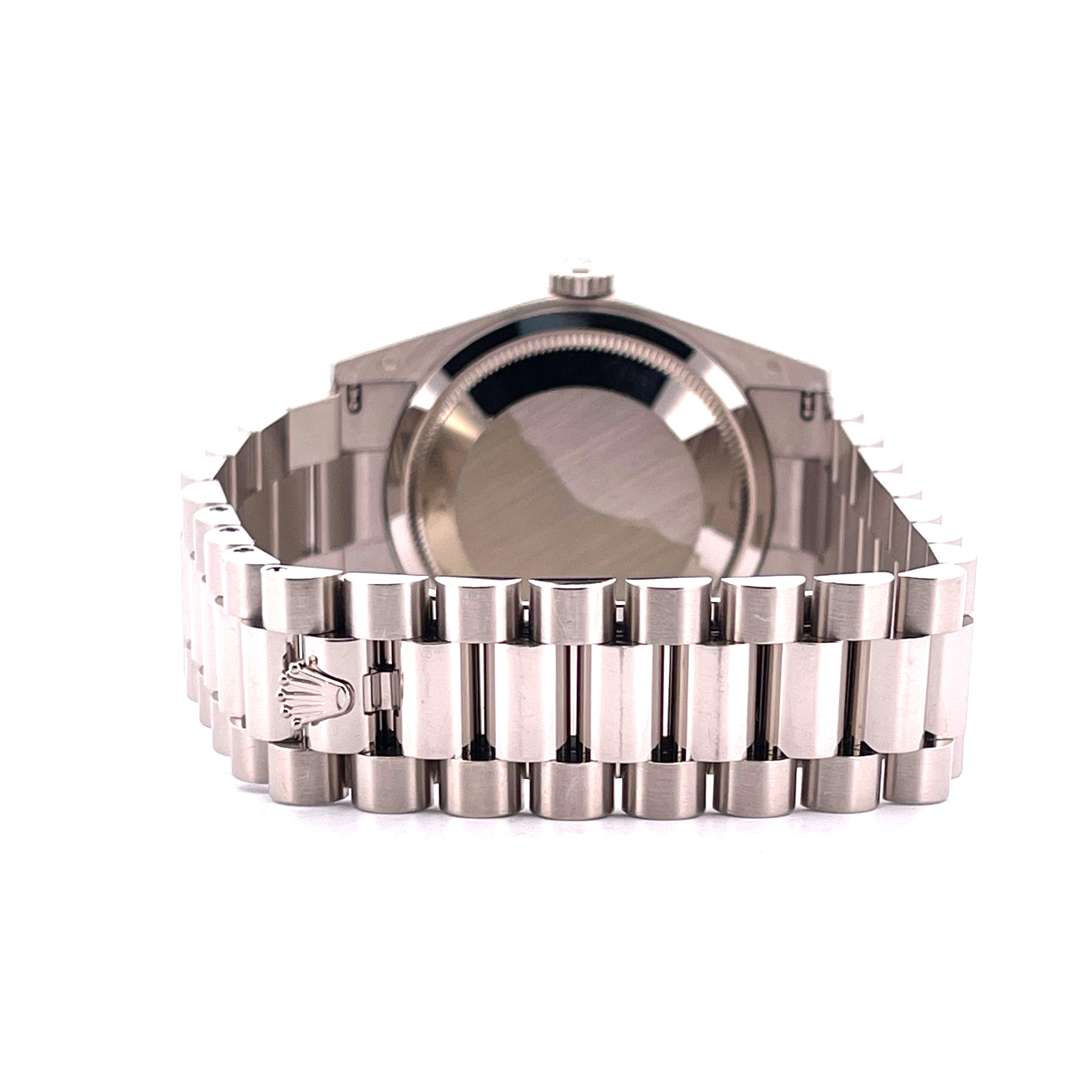 Rolex Day-Date 36 Automatik mit weißgoldenem Gehäuse und Armband, Rückansicht mit Schließe