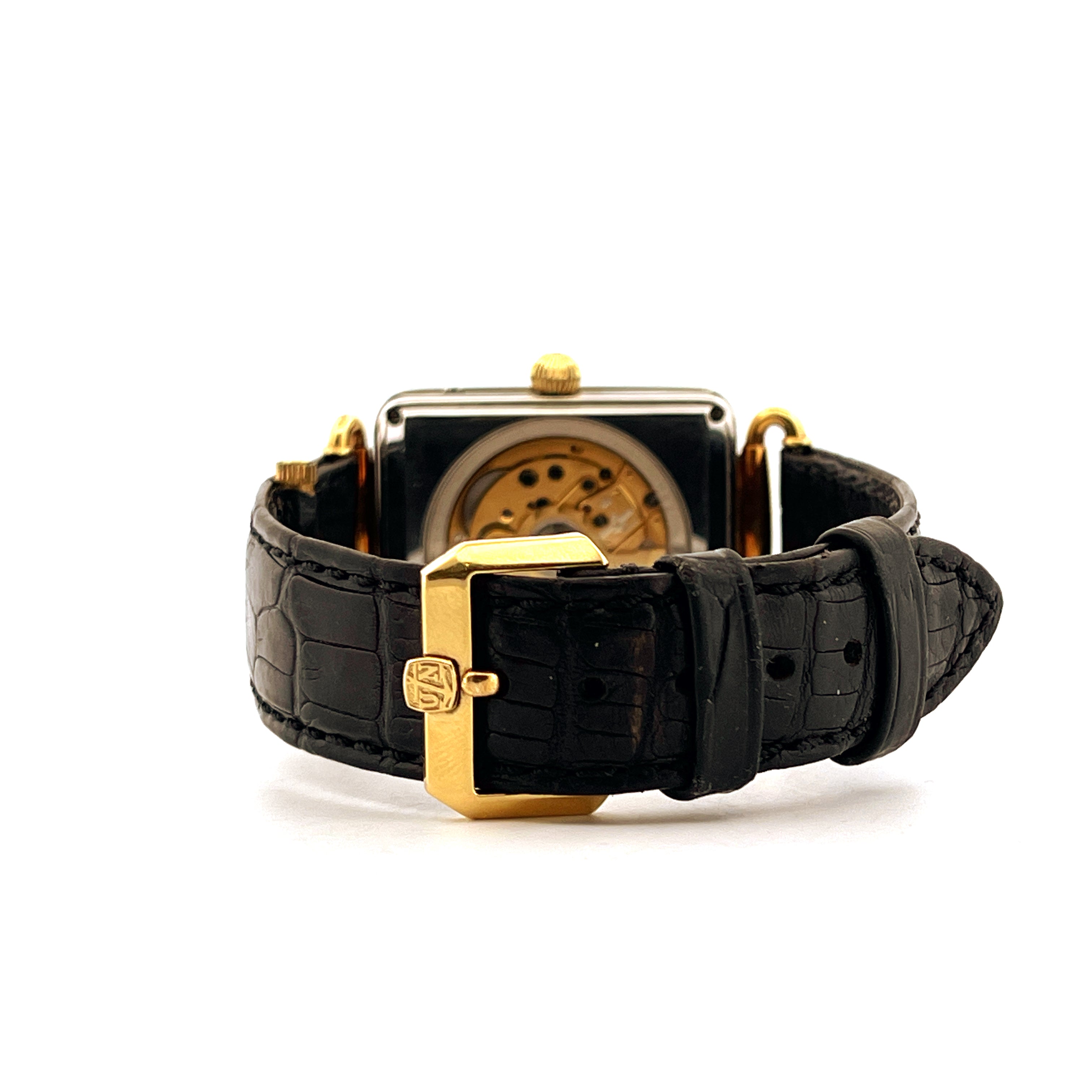 Ulysse Nardin Michelangelo Uhr Rückseite mit goldenem Sichtboden und schwarzem Lederarmband