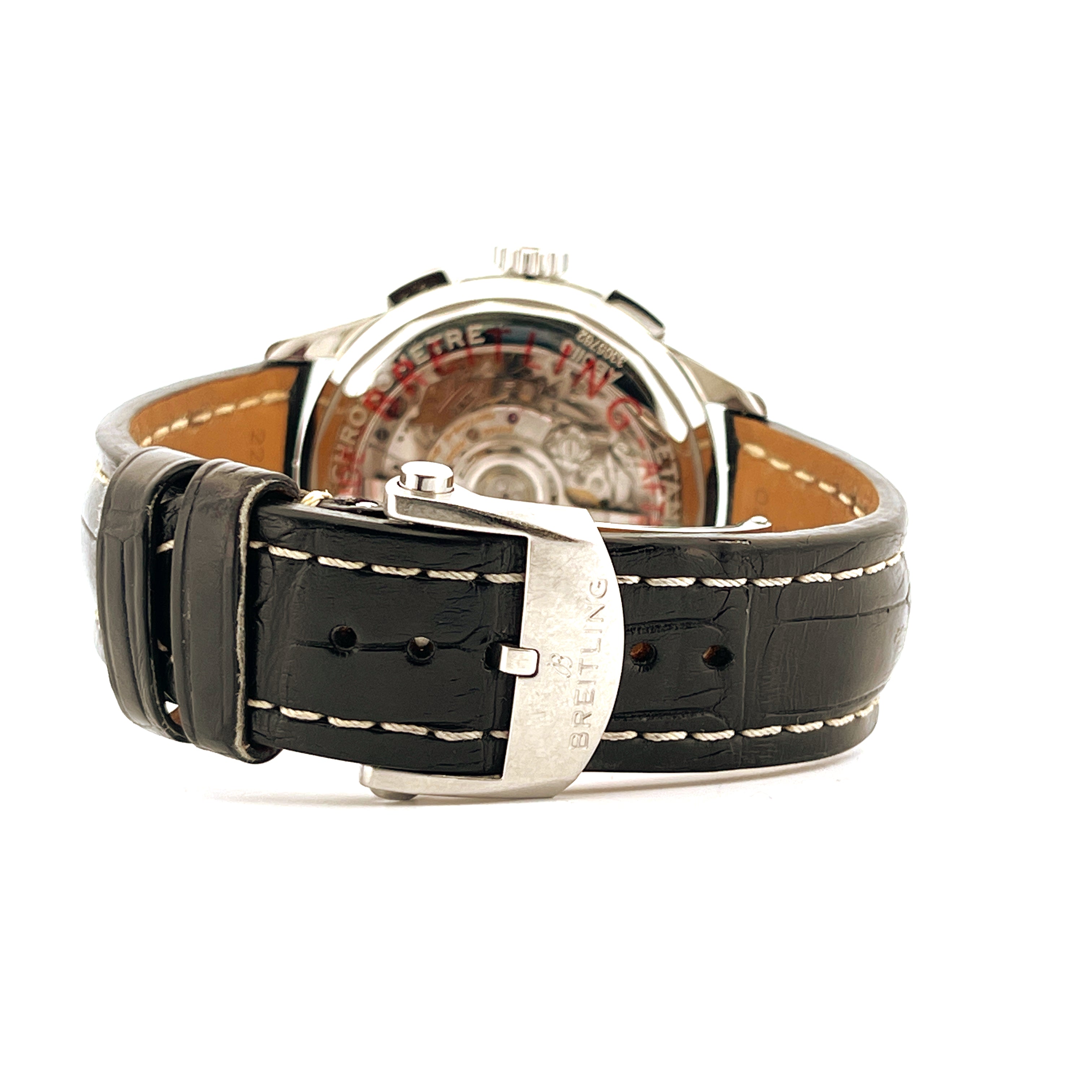 Breitling Premier B01 Chronograph 42 Rückseite mit schwarzem Lederband und silberner Schließe