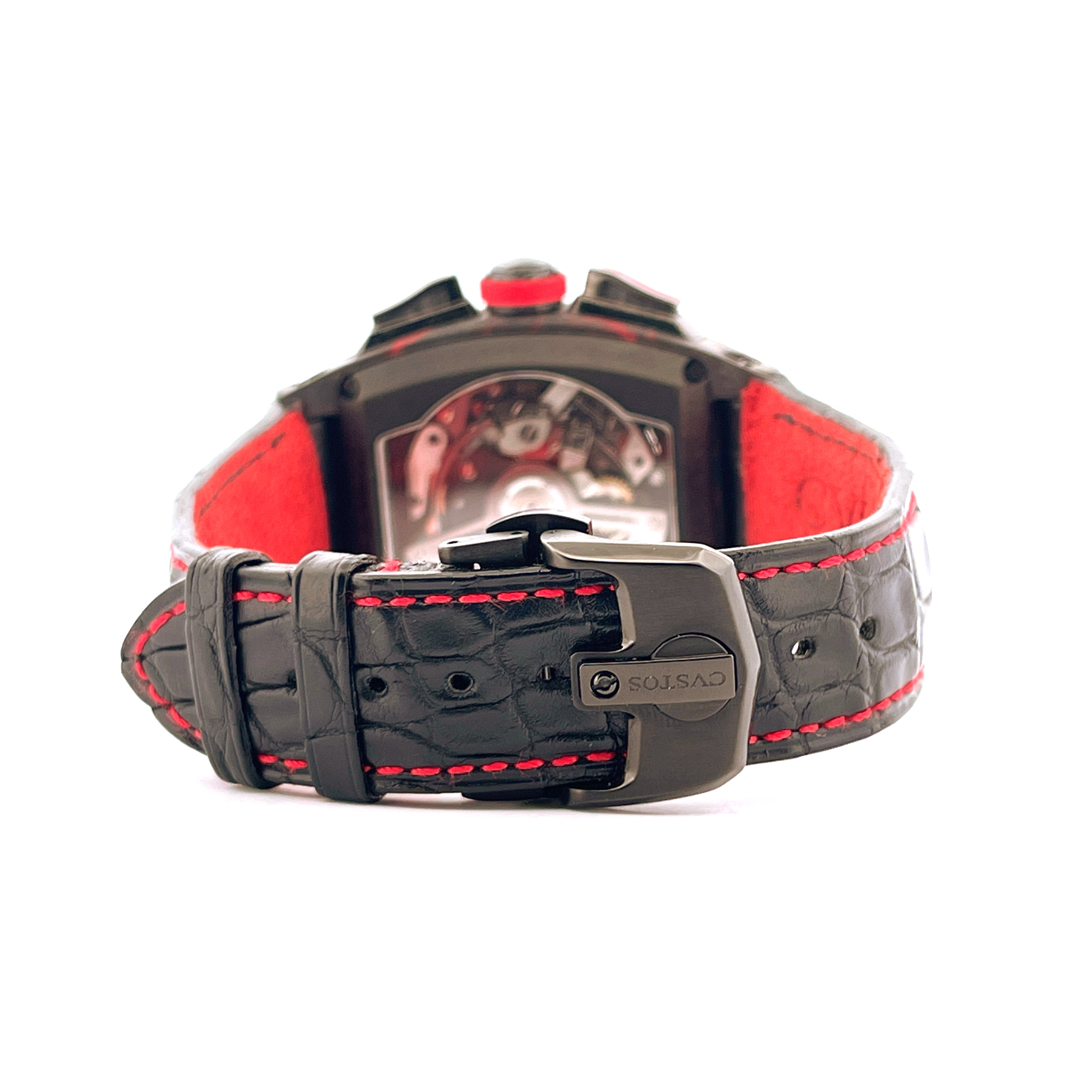 Cvstos Challenge Chrono II Rückansicht mit schwarzem Krokoband und roter Naht