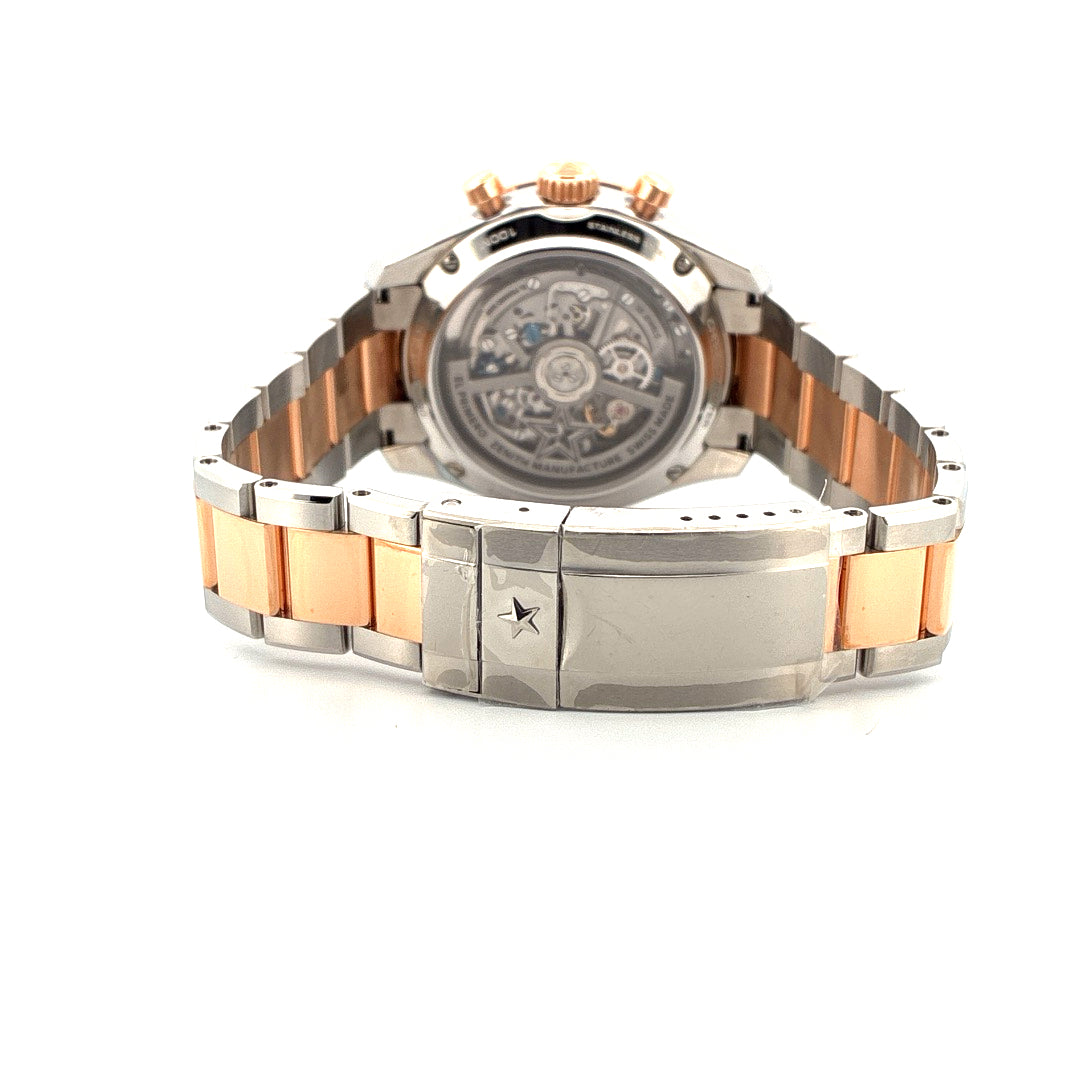 Zenith Chronomaster Sport Bicolor Roségold, Rückansicht der Uhr mit bicolor Edelstahl-Roségold-Armband und Sichtboden