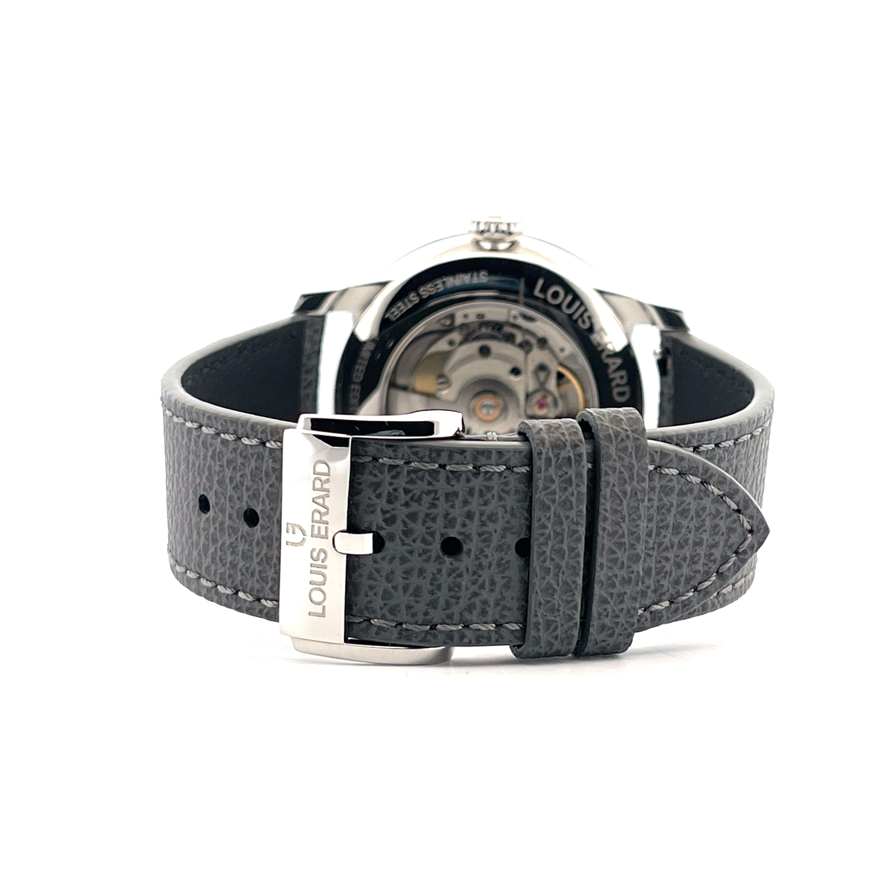 Louis Erard Regulateur Rückseite mit Sichtboden und grauem Lederarmband mit Dornschließe