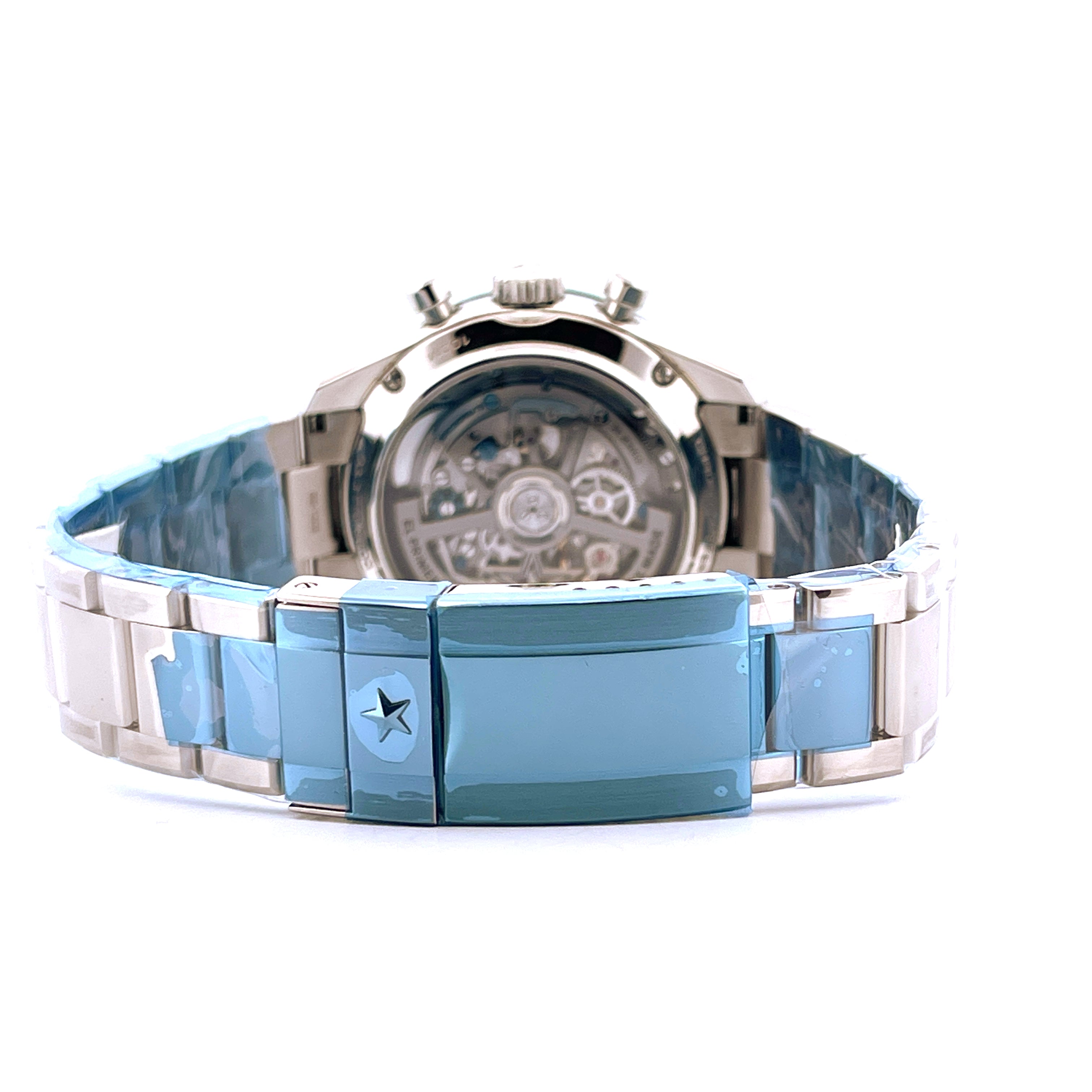 Zenith Chronomaster Sport Green Rückansicht mit offenem Sichtboden und Edelstahluhrband