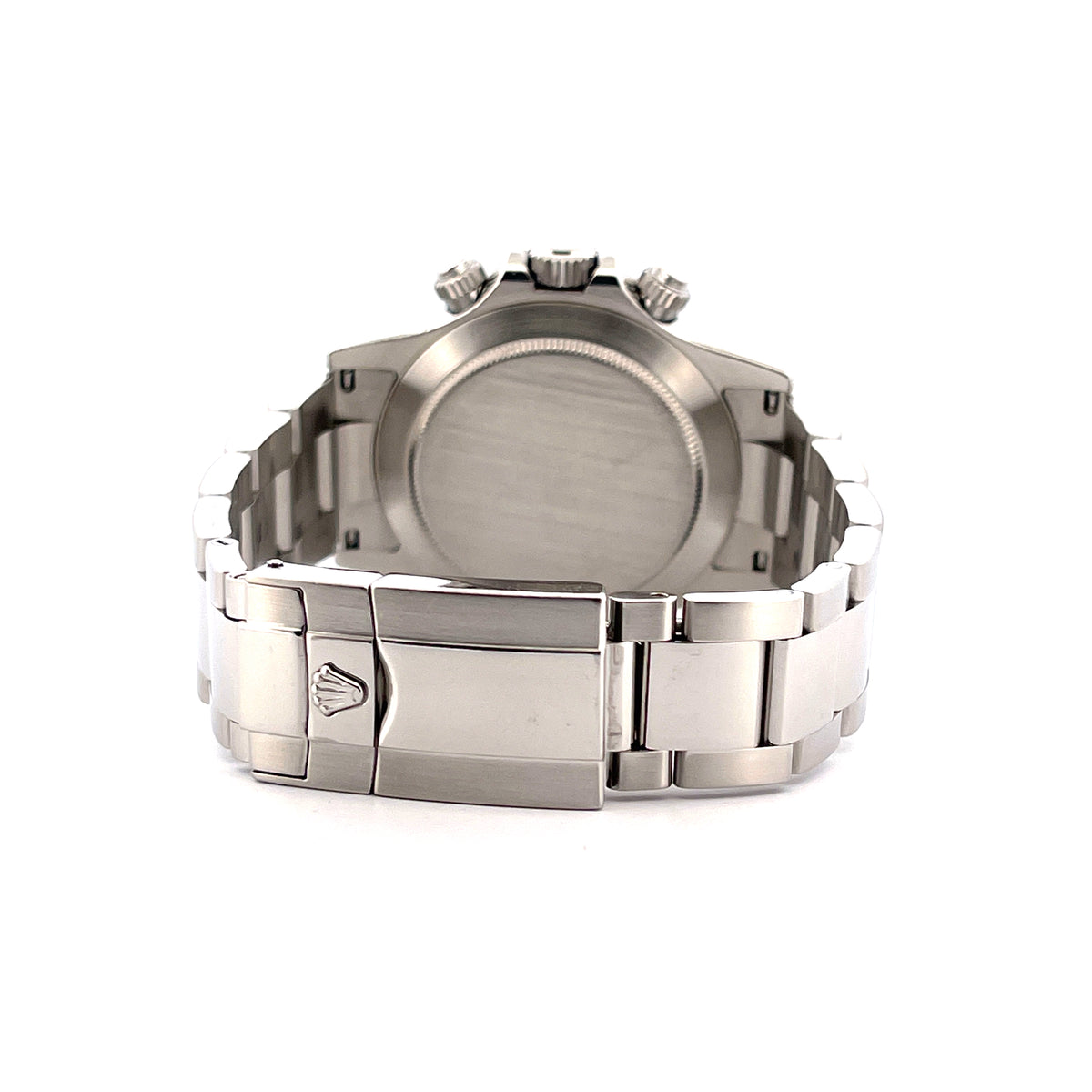Rolex Daytona white Dial 116520 / very good Condition / Full Set / LC100 / 2002, Rückansicht mit Gehäuseboden, Schließe und Armband vor weißem Hintergrund