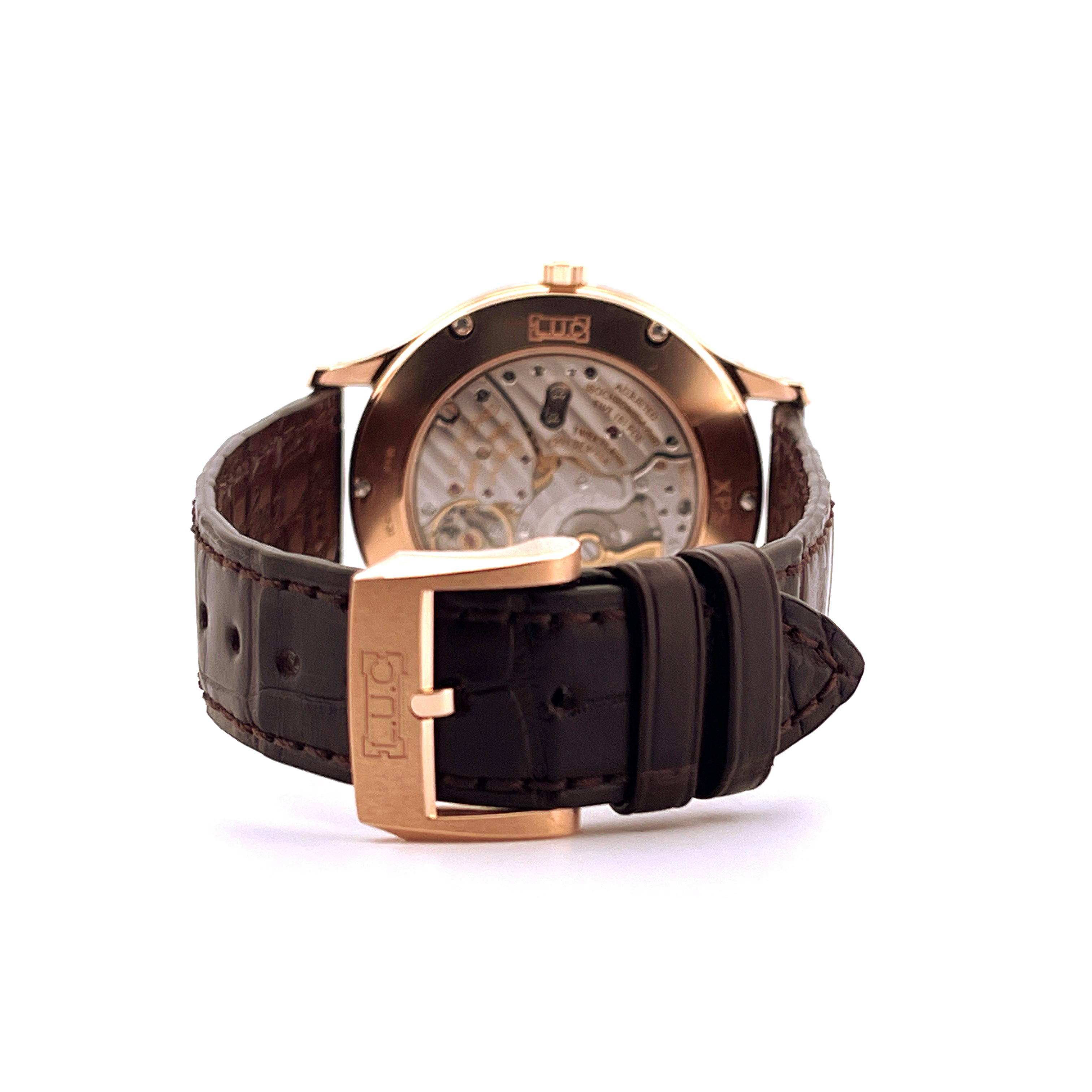 Rückansicht einer Chopard XPS L.U.C Roségold Uhr mit Automatikwerk und Lederarmband