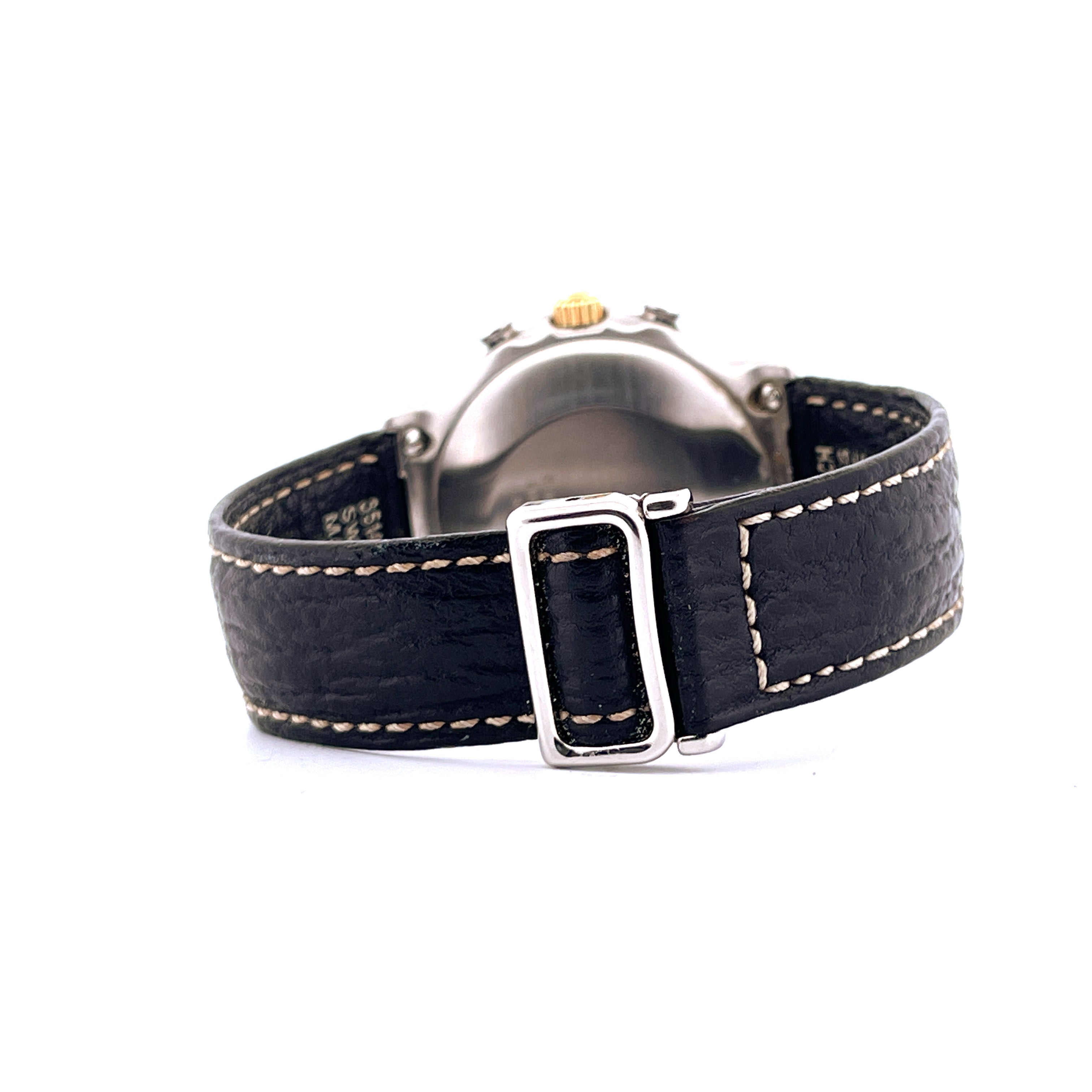 Ebel El Primero Chronograph Stahl/Gold mit schwarzem Lederarmband und Metallschnalle von hinten betrachtet