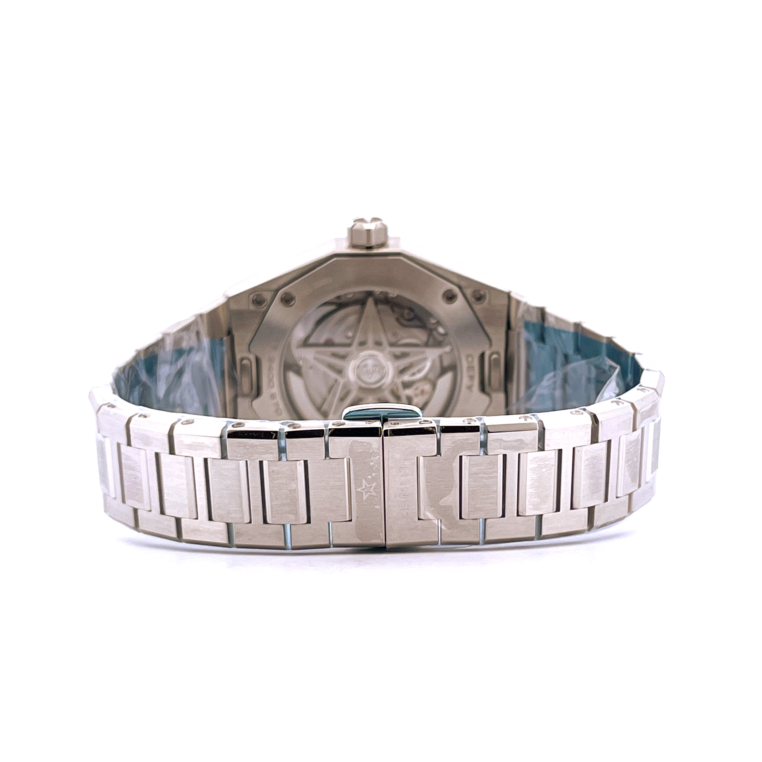 Zenith Defy Skyline Automatik Uhr aus Edelstahl, Rückseite mit Stern-Gravur und Armband
