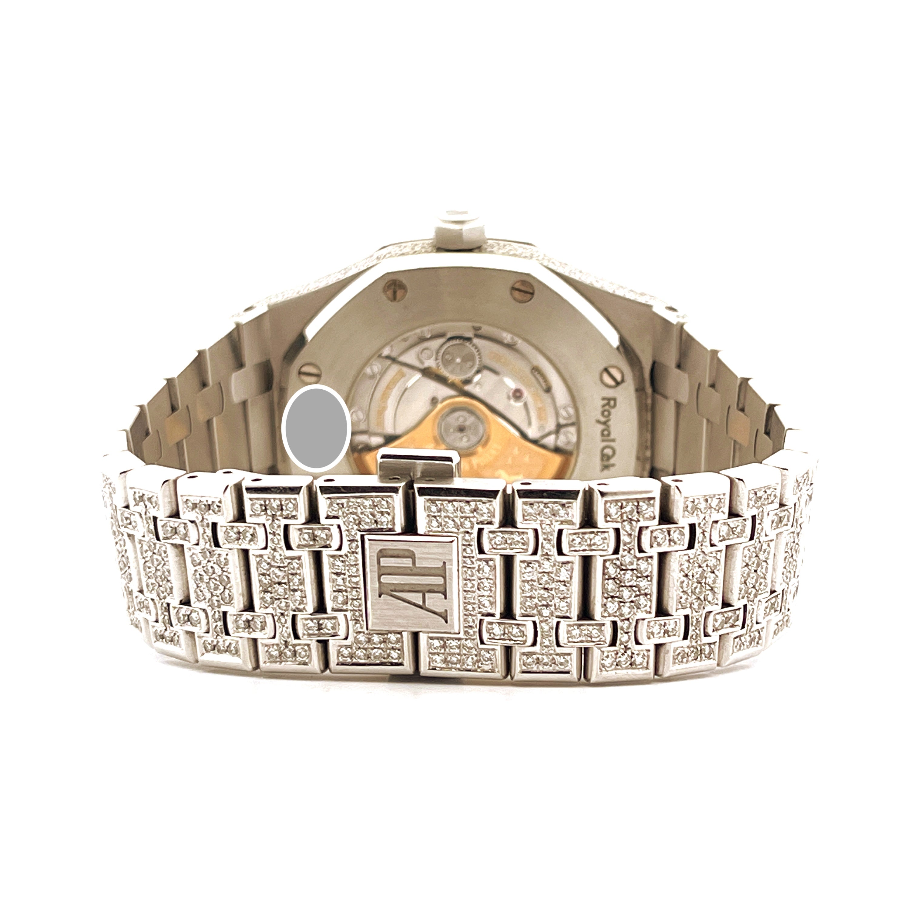 Audemars Piguet Royal Oak 15400ST Iced out Rückseite mit Sichtboden und gefasstem Armband