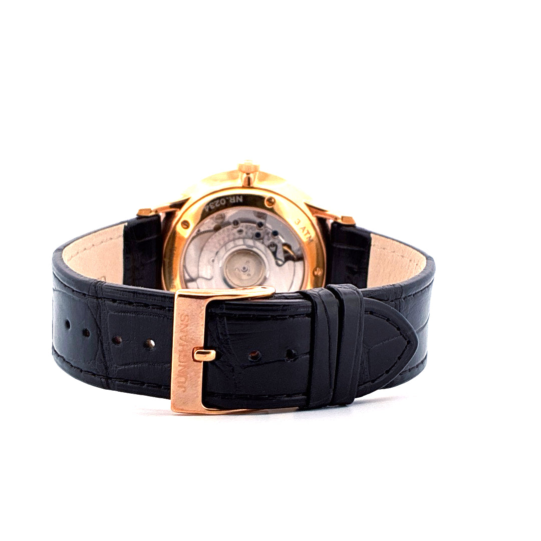 Junghans Meister Agenda Rückseite mit Roségold-Schnalle und schwarzem Lederarmband