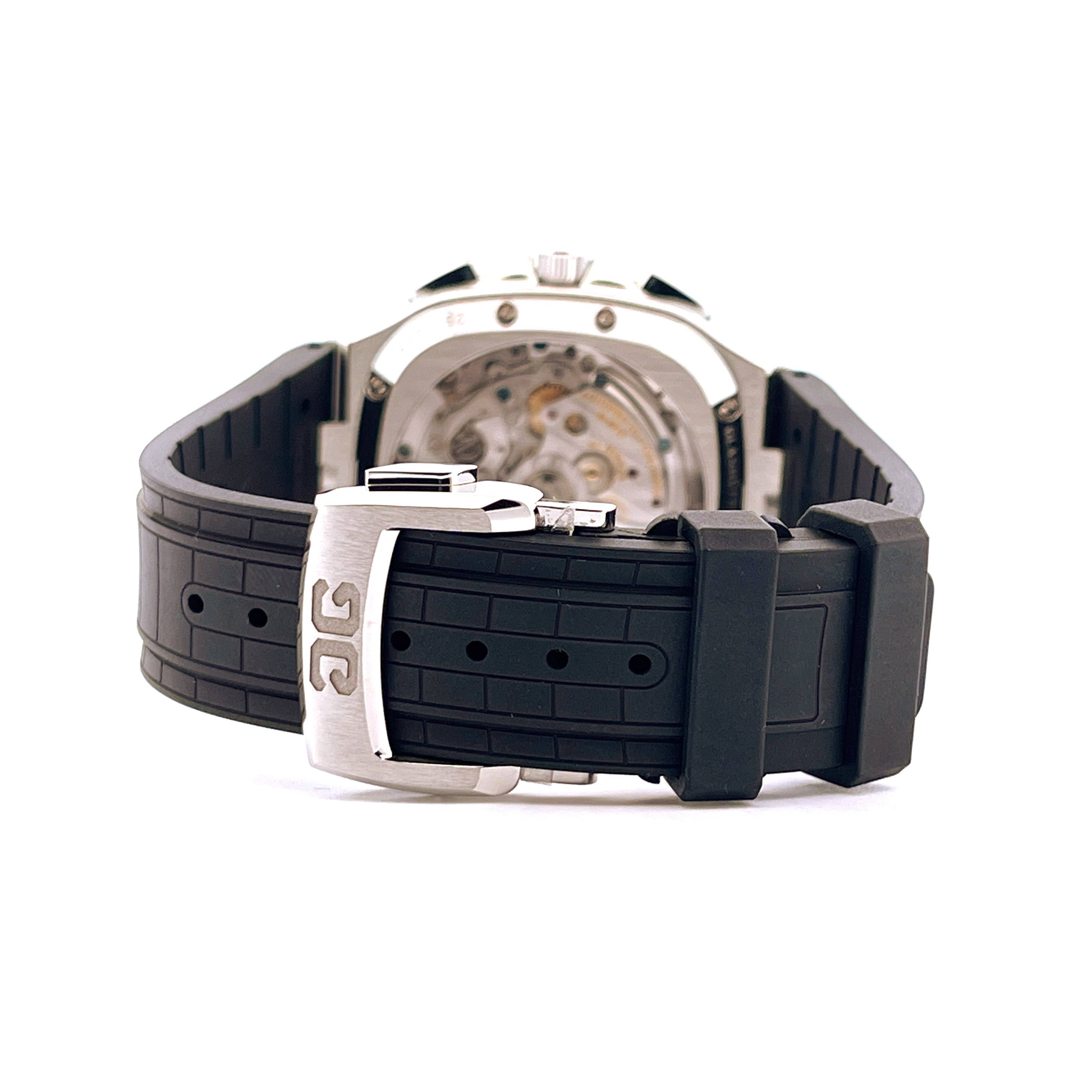 Glashütte Original Seventies Chronograph mit Edelstahlgehäuse, schwarzem Kautschukarmband und sichtbarem Werk