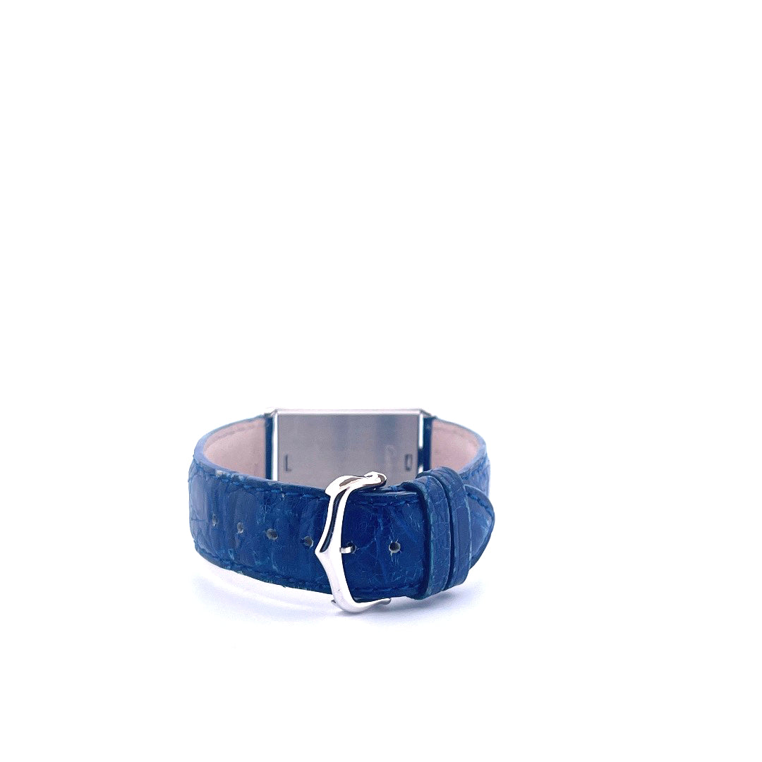 Cartier Tank Basculante aus Stahl mit blauem Lederarmband und silberner Schnalle Seitenansicht