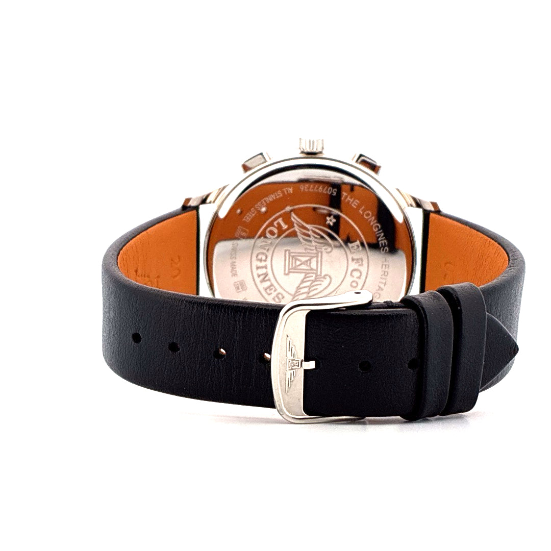 Longines Heritage Classic Automatikuhr, Rückansicht mit schwarzem Lederarmband und Stahlschließe
